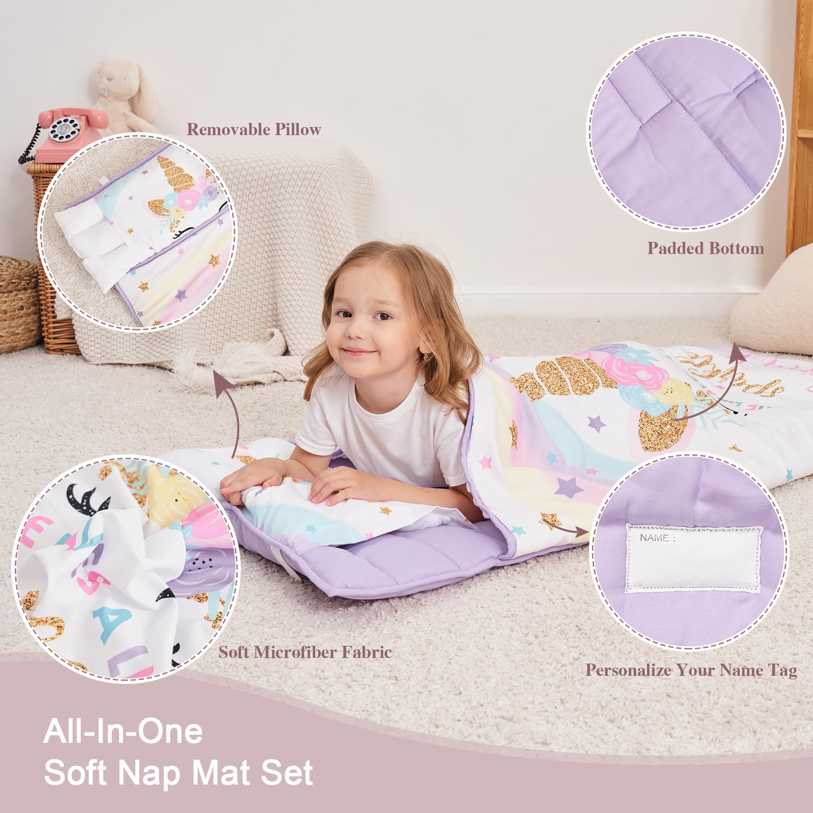 Cokouchyi Tapete Extra Grande para Siesta para niños, Saco de Dormir con Almohada extraíble, Mide 53 x 21 x 1.5 Pulgadas, Bolsa de Dormir para niñas, Ideal para guardería y jardín de Infantes