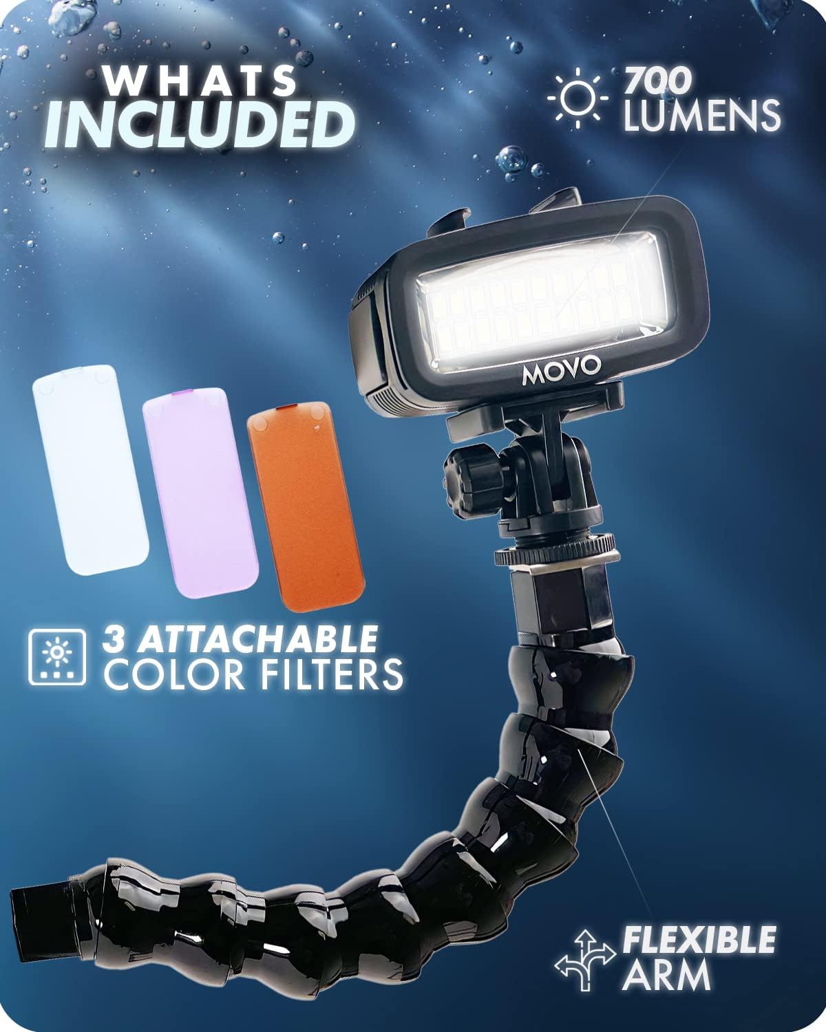 Movo LED-WPT Rechargeable Underwater LED Video Light with Flexible Arm Extension - Waterproof Video Light - Perfect for Travel Vlogging, Scuba Diving, Snorkel, Sports