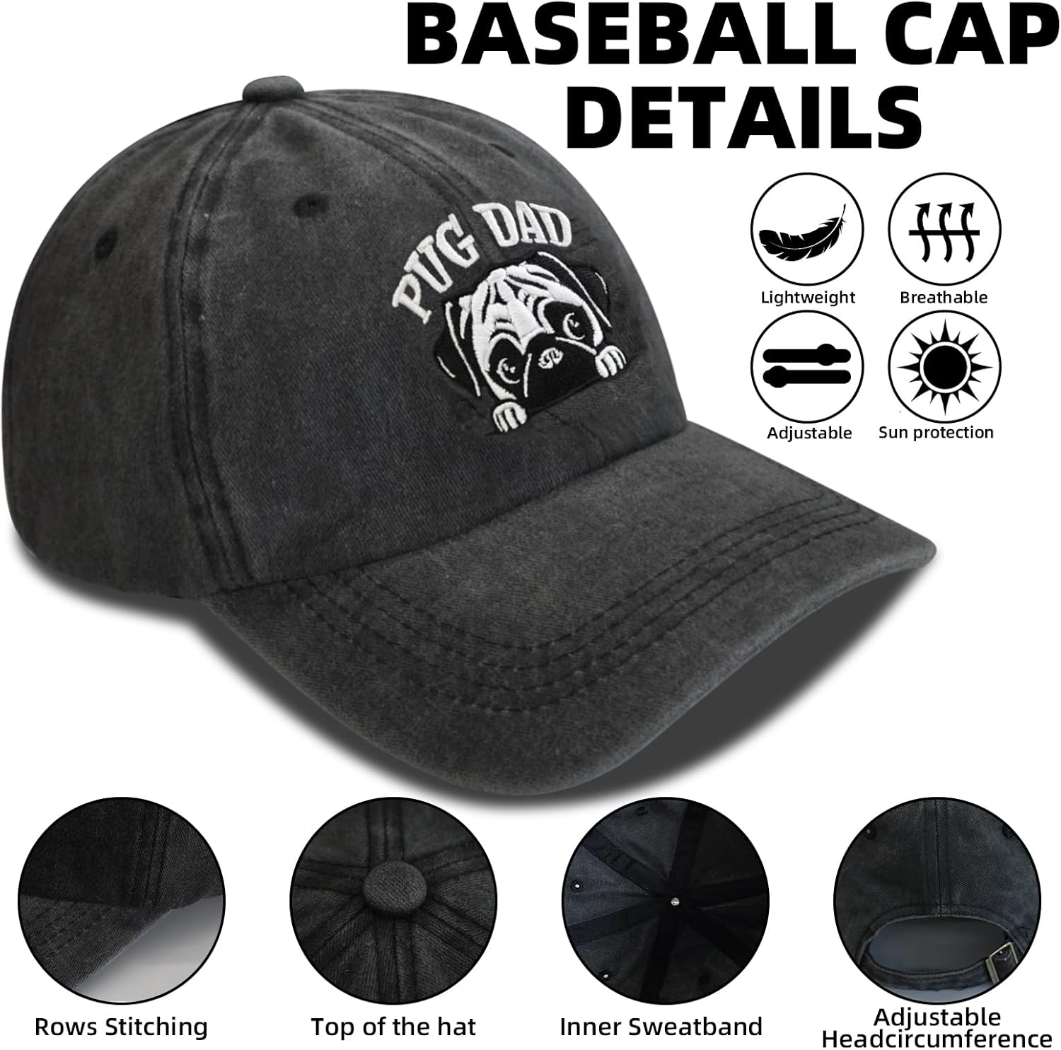 Pug Mom/Dad Gifts for Women, Pug Mom/Dad Baseball Caps, Adjustable Dog Caps, Christmas Birthday Gifts for Dog Lovers - Image 4