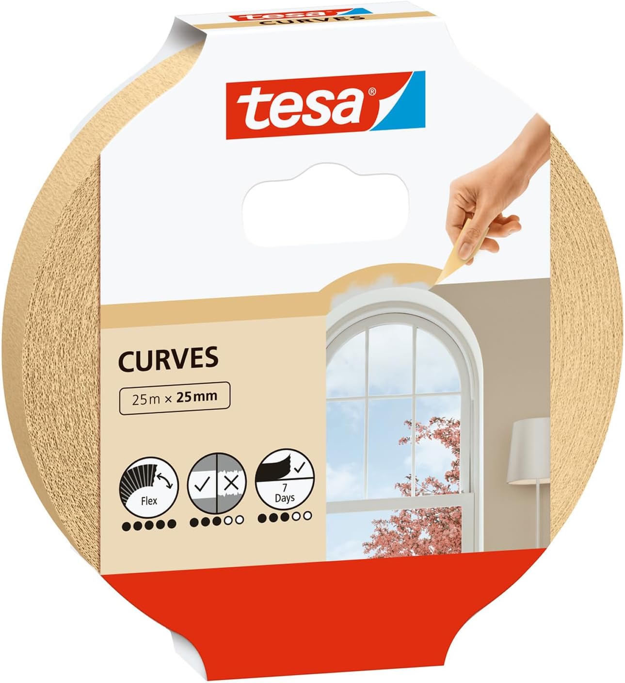 tesa Masking Tape Curves - Curved tape with extra strong crepe for masking curves and irregular shapes - for rough and smooth surfaces - 25 mx 25 mm