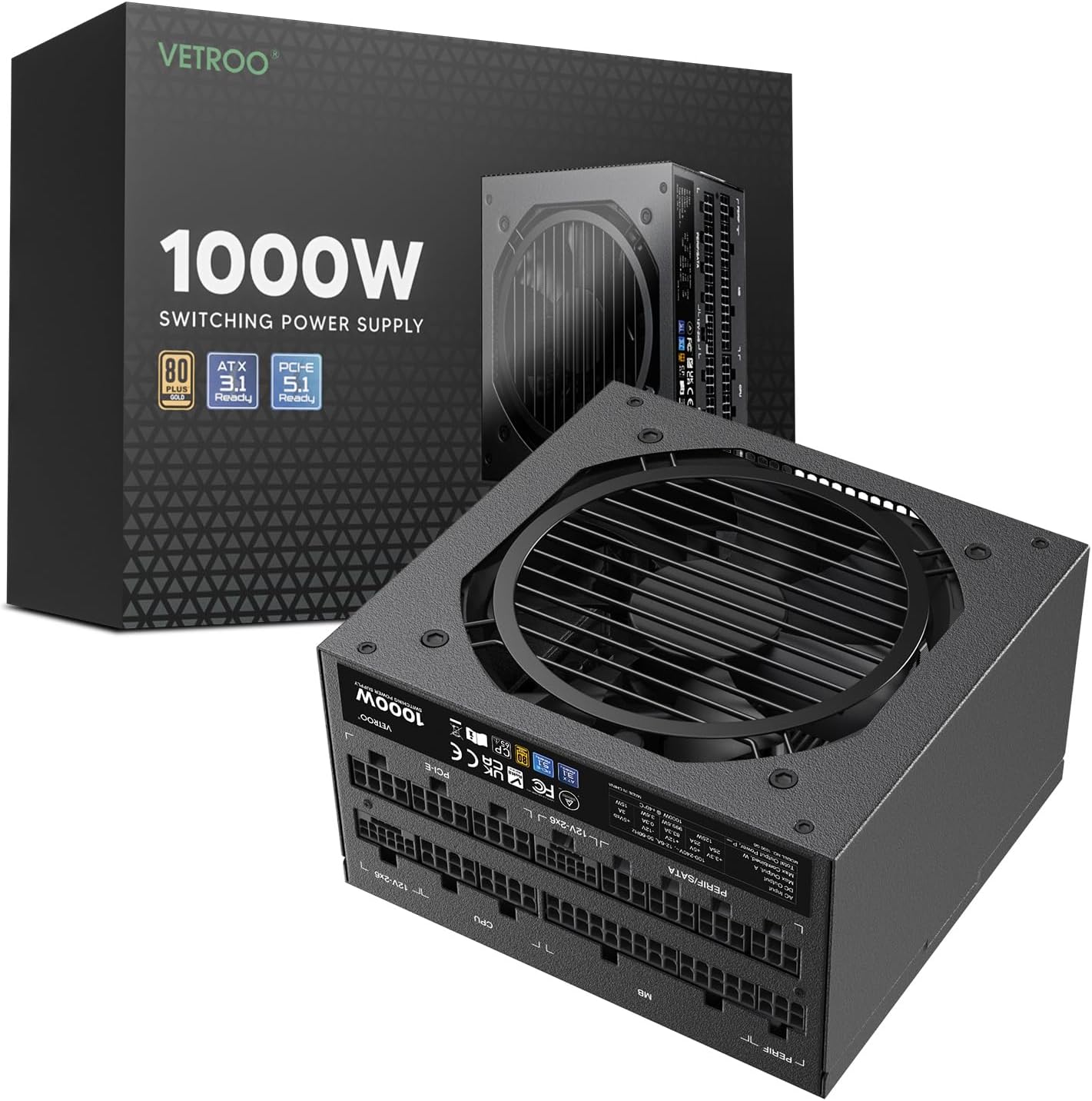 1000W Black Power Supply ATX 3.1 Ready Dual PCIe 5.1, 80 Plus Gold Full Modular, Eco Mode with 120mm FDB Fan, Compact Size, 10 Year Warranty for Gaming PC