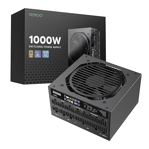 Vetroo 1000W Black Power Supply ATX 3.1 Ready Dual PCIe 5.1, 80 Plus Gold Full Modular, Eco Mode with 120mm FDB Fan, Compact Size, 10 Year Warranty for Gaming PC - 1000W-Black