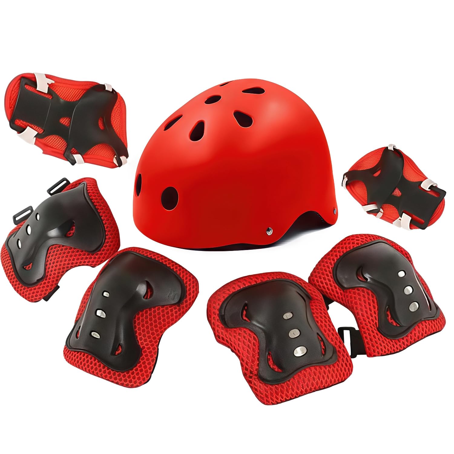 Kids Adjustable Sport Helmet and Knee Pads Set 7 in 1, Kids Adjustable Sport Helmet with Knee Pads Elbow Pads Wrist Guards for Scooter Skateboard Roller Skating Cycling RED