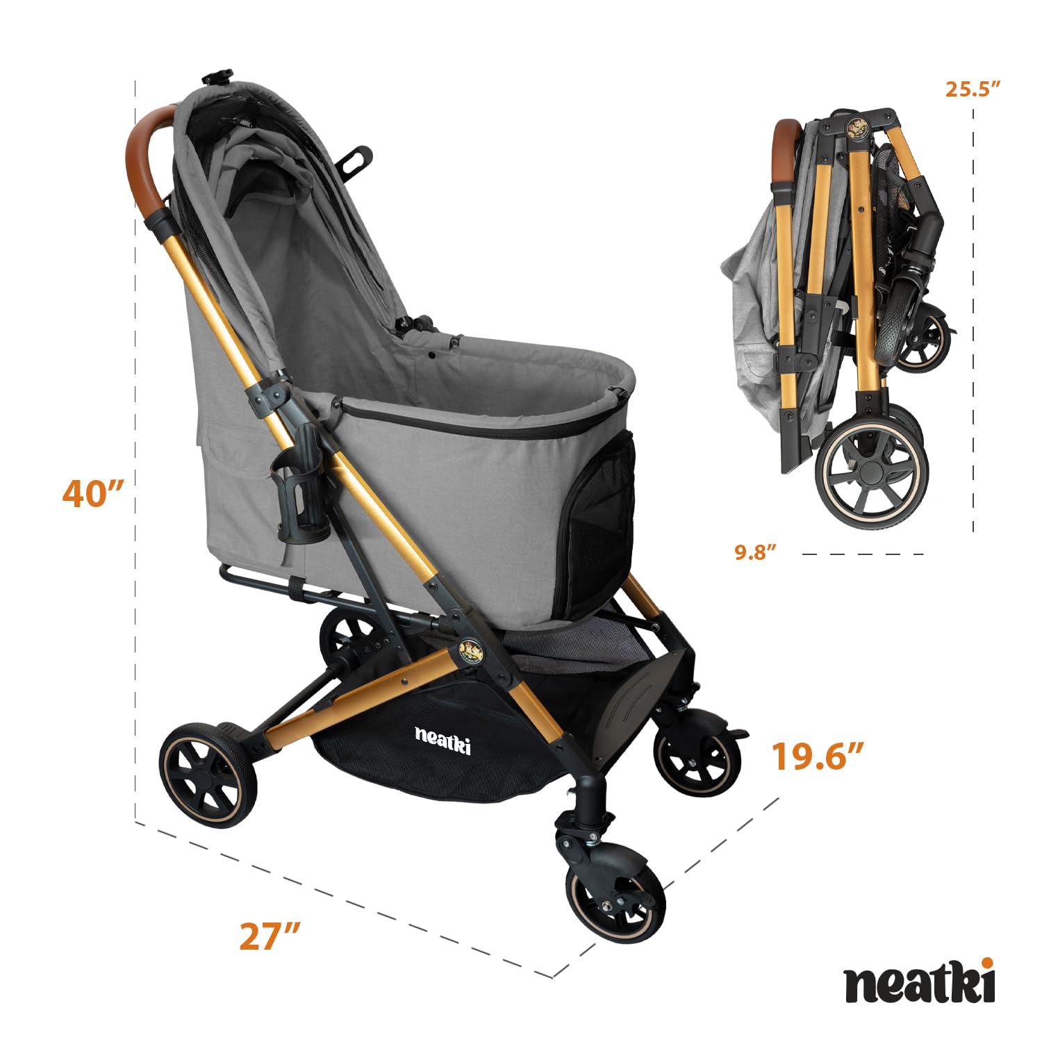 Passeggino pieghevole per cani e gatti, capacità 31,8 kg, ruote anteriori girevoli a 360°, piega con un clic, sistema frenante, clip per guinzaglio e bloccaggio, imbottitura rimovibile e