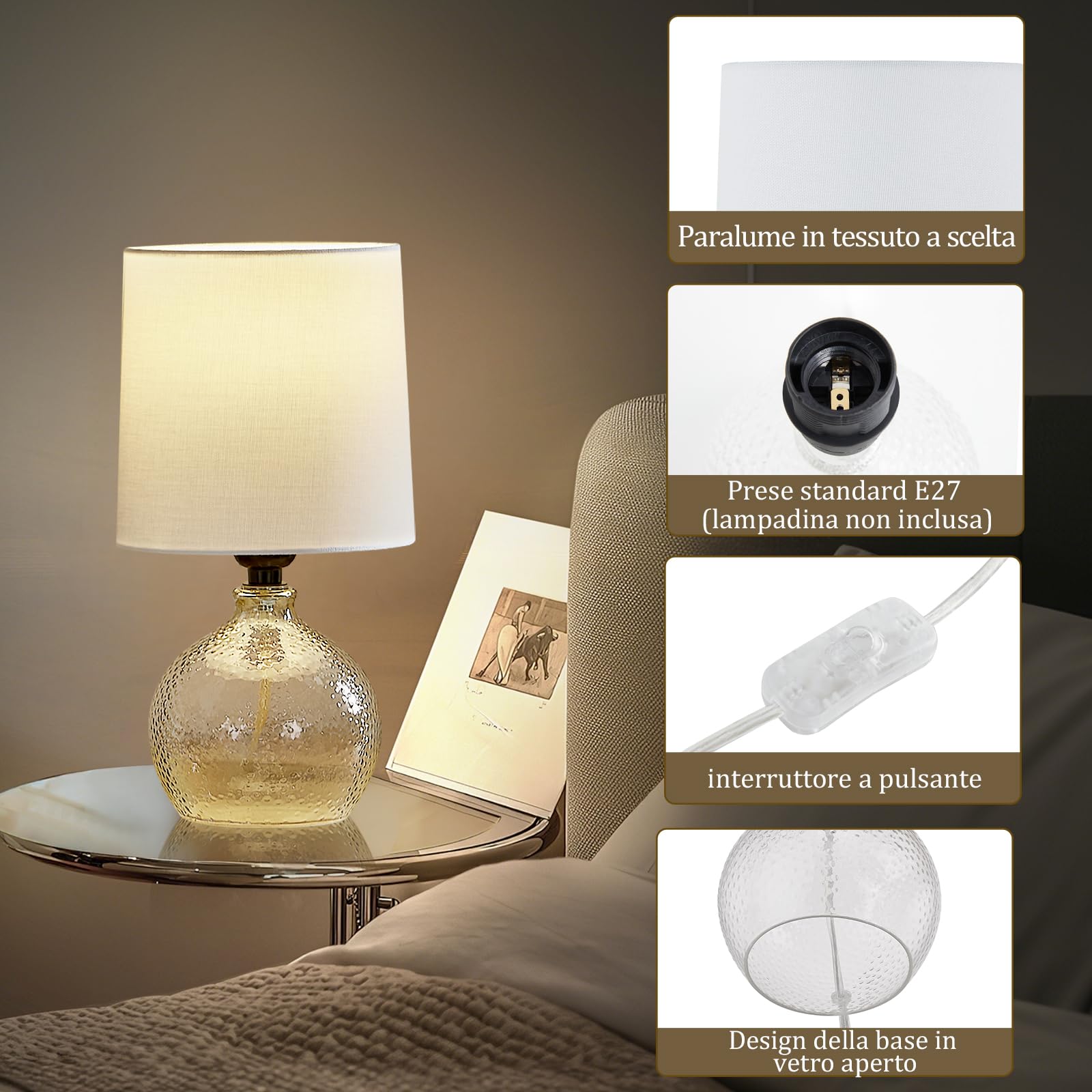 GyroVu Set di 2 Lampade da Tavolo in Vetro Lampada da Comodino con Base in Vetro e Paralume in Tessuto Bianco per Camera da Letto