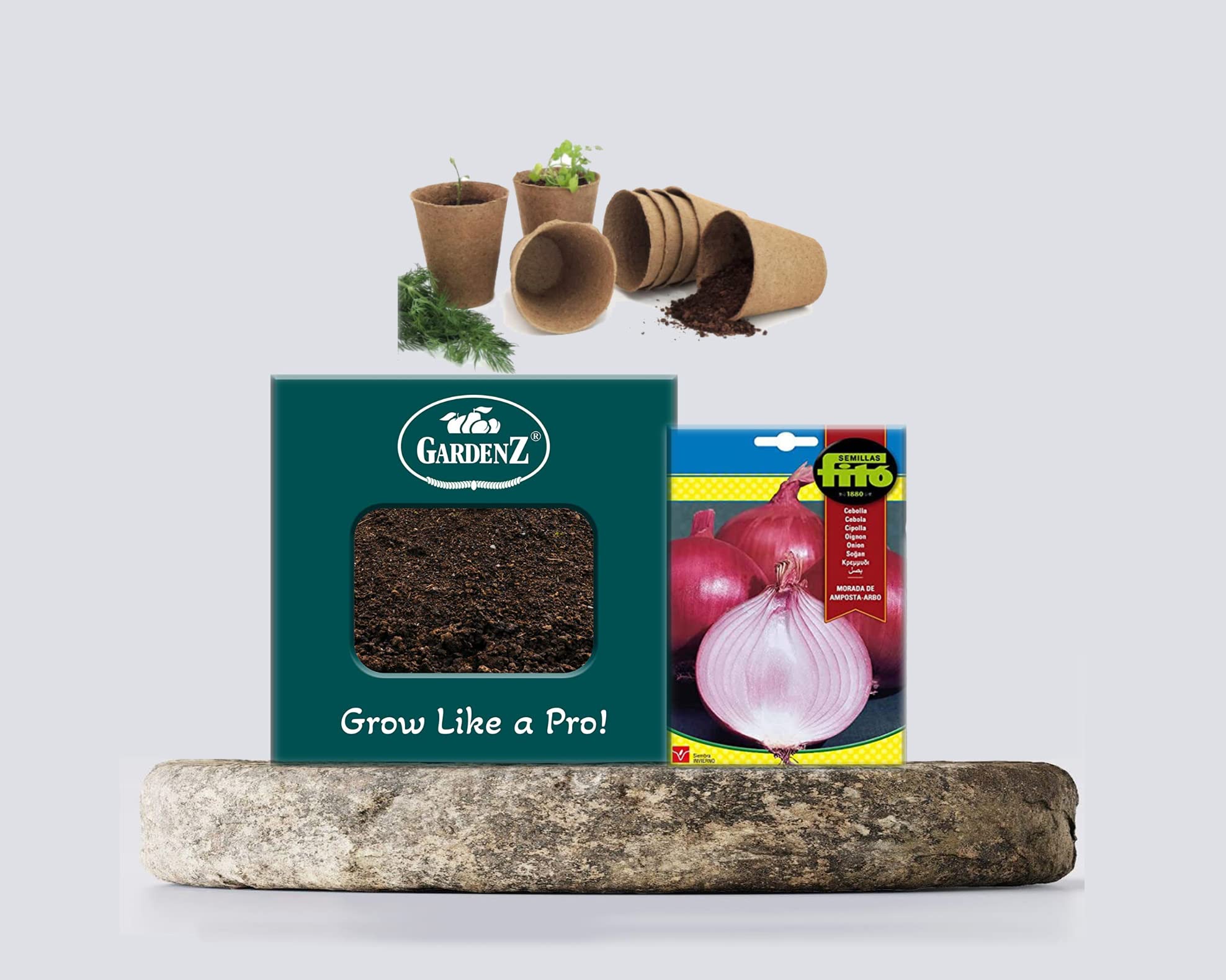 Bundle-pack GARDENZ™ Vegetarian Bio Organic Compost - Plant Origin - Heat Treated 5 L | Onion Morada De Amposta-Arbo Seeds | Ref. SB 1235 Brand FITO | Origin Spain | Jiffy-Pots Seed Starting 8pcs