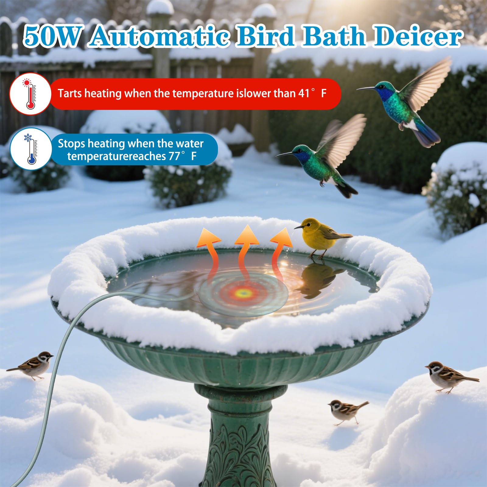 TIANCENTRAL H Vogeltränken-Heizung, 50 W, automatischer Vogeltränken-Enteiser für Vogeltränke und Wassernäpfe für Haustiere, Aluminiumguss, 55 ± 5 °C Thermostatkontrolle, 125 V sichere Heizung (1,5 m