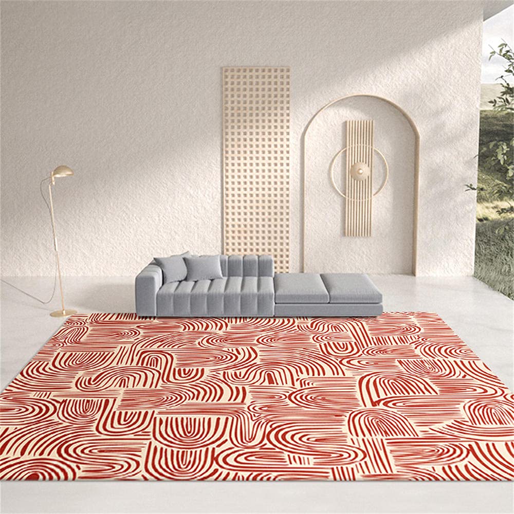 Tapis de salon abstrait moderne rouge beige au design minimaliste