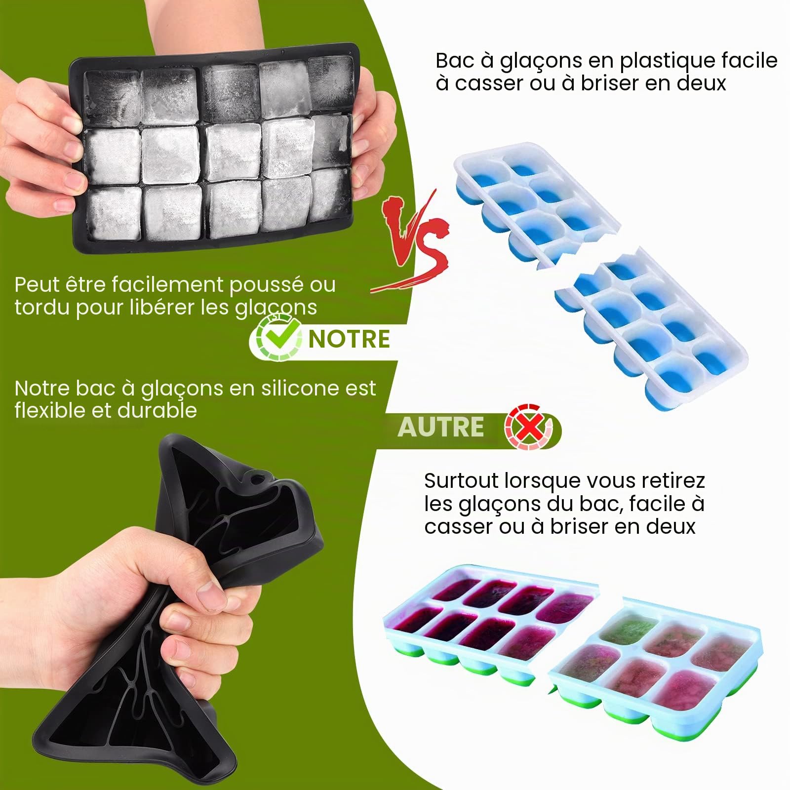 Bac à Glaçons 15 Compartiments Lot de 3 en Silicone avec Couvercle Grand Moule Empilable sans BPA