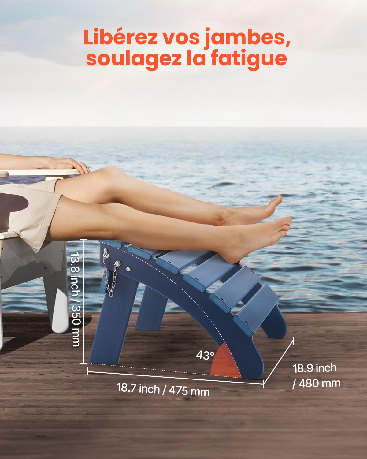 VEVOR Repose-pieds Pliable Adirondack, 475x480x350 mm, en PEHD, Résistant aux Intempéries pour Chaise Adirondack, Montage Facile, pour Extérieur, Patio, Porche, Piscine, Pelouse, Arrière-cour, Bleu