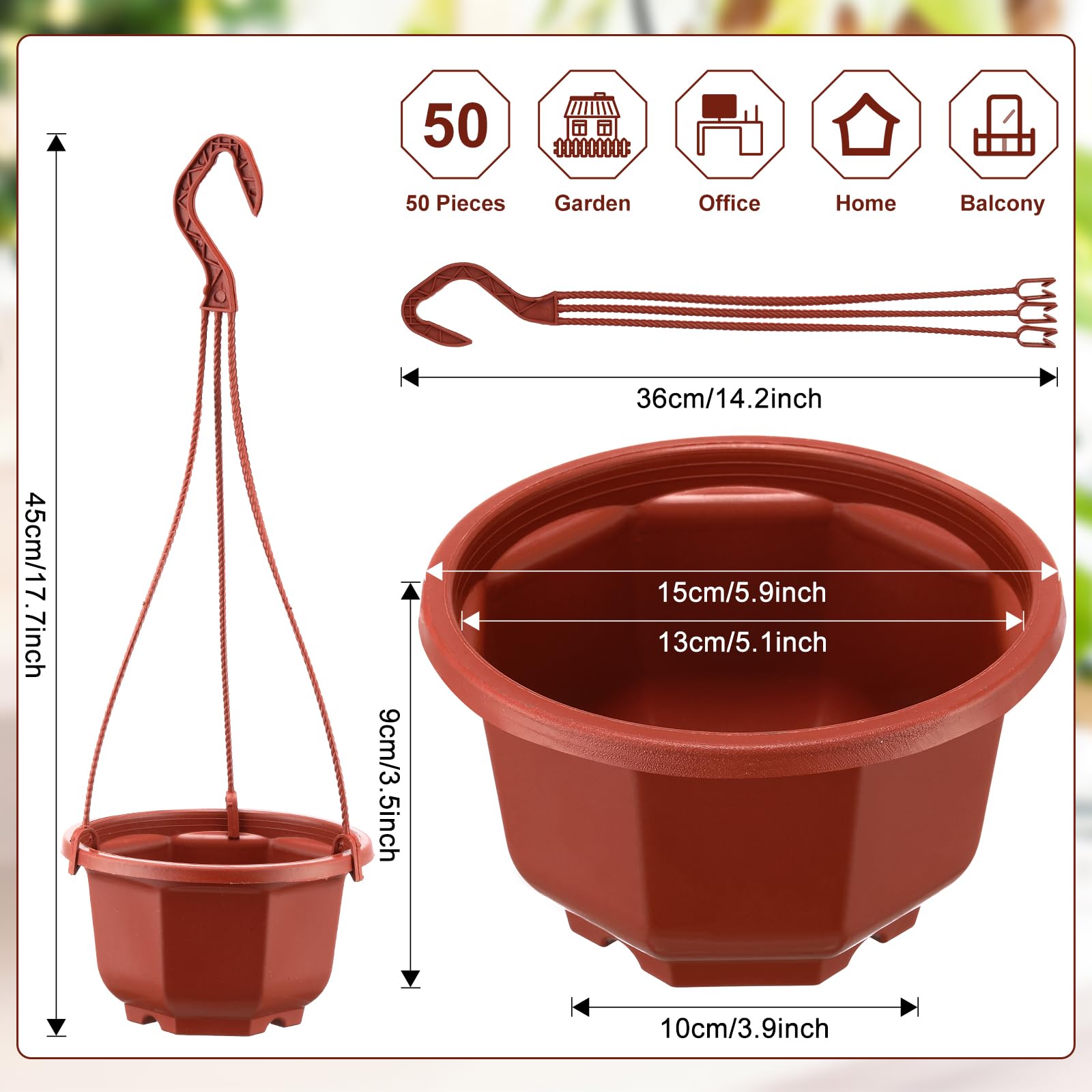 Roshtia 50 Pcs Plastic Hanging Plant Pots Hanging Plant Containers Planters with Drainage Holes and Hooks for Home Garden Balcony Porch(Brown,5.9 inch)