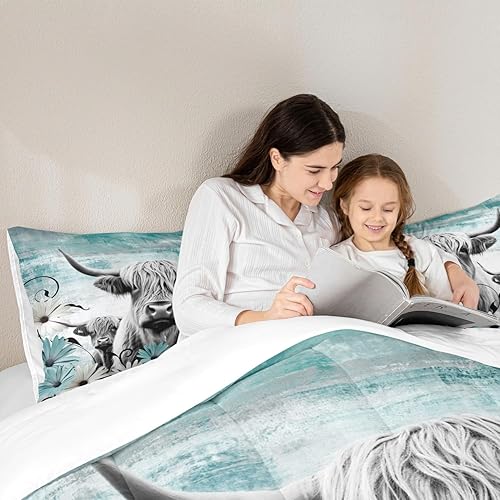 Miniatura 4 de Erosebridal Juego de edredón con estampado de vaca de las Highland, juego de ropa de cama de granja occidental verde azulado, decoración rústica