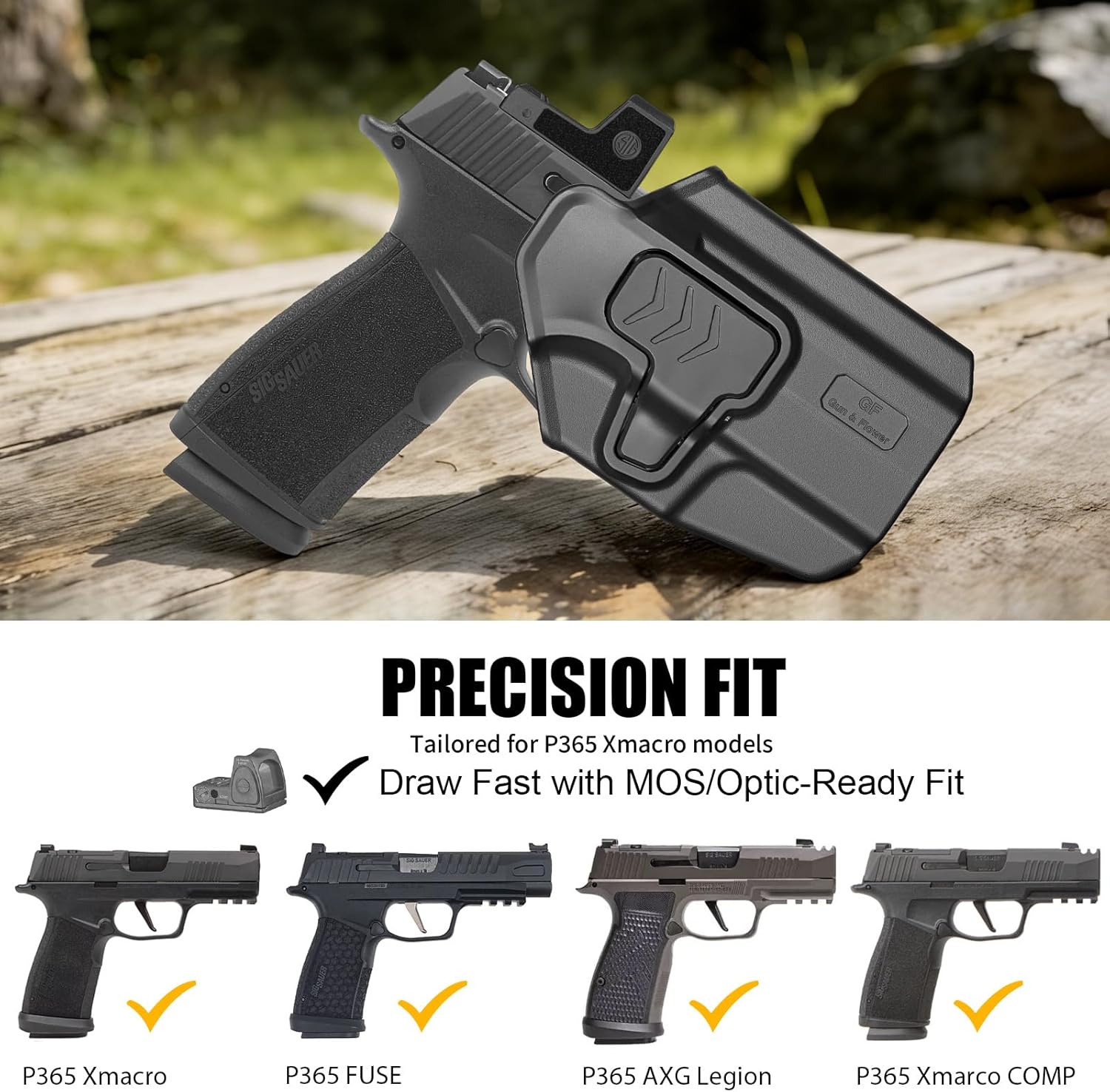 OWB Holster for Sig Sauer P365 X-Macro, Level II Retention Outside Waistband Holster with 360° Adjustable Paddle or Duty Belt Clip, Injection Molded Polymer