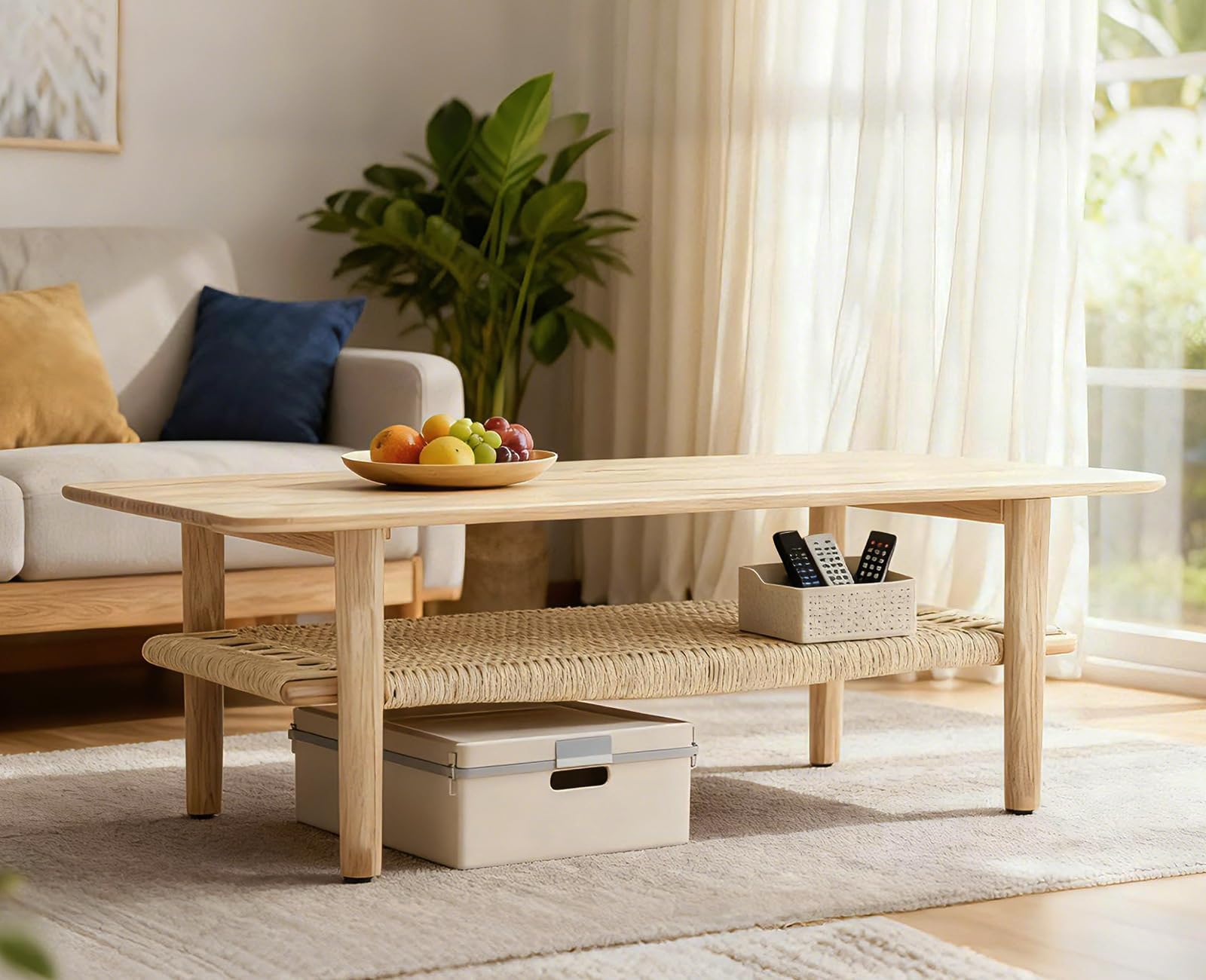 chairus Farmhouse Coffee Table Rectangular Living Room Table with Rattan Storage Solid Wood Center Table for Apartment, Home, Office, Natural