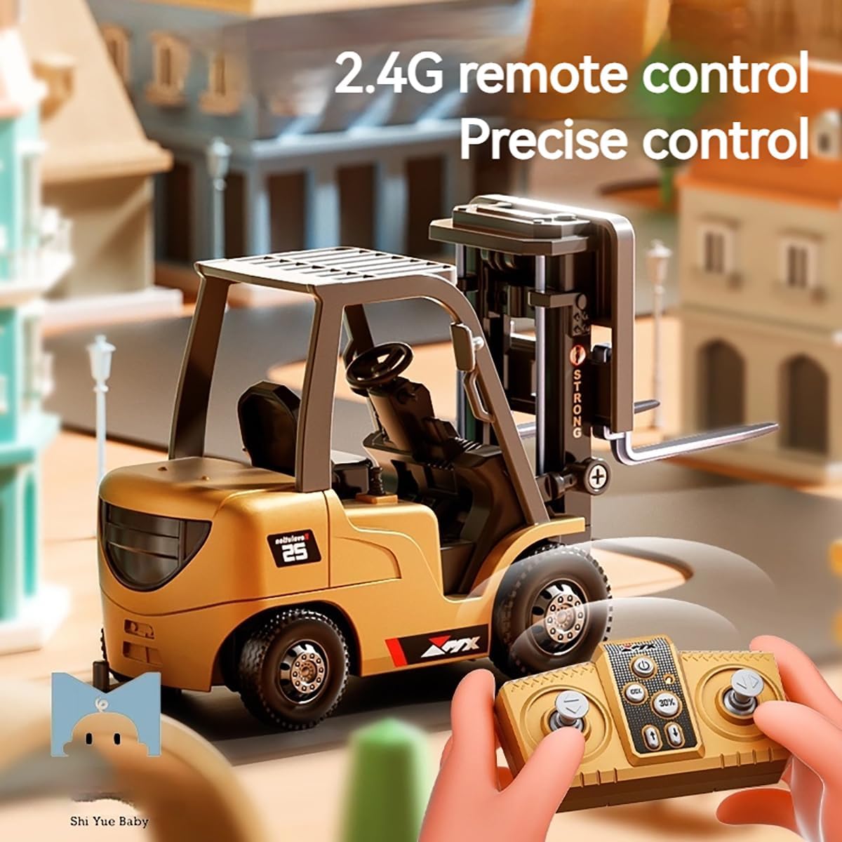 ANTSIR RC Forklift Toy with a remote control in the foreground, showing the 2.4G remote control for precise operation.