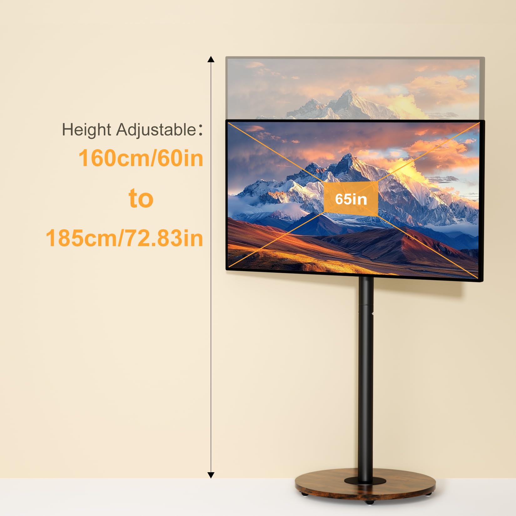 unho Podłogowy stojak pod telewizor z kółkami o regulowanej wysokości, drewniana podstawa VESA 600 x 400 na 102-180 cm, czarny