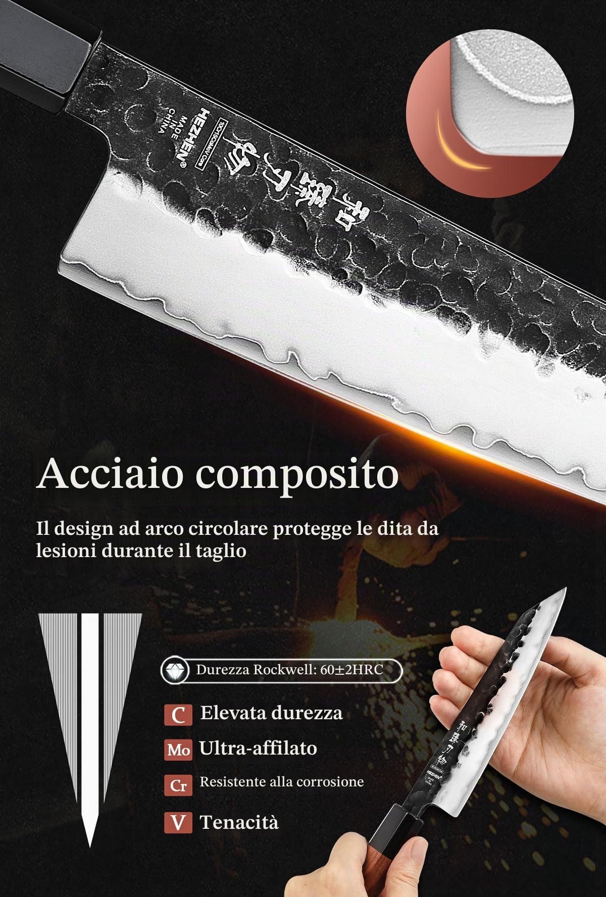 HEZHEN 15 cm Cuchillo de Kiritsuke Bunka Cuchillo de Chef Estilo Japonés | Hoja Negra, Acero Compuesto de 3 Capas, Mango Octogonal de Redwood, Cuchillos de Cocinero Para Verduras y Carnes