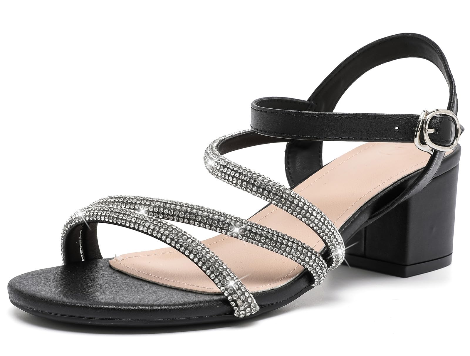 DADAWEN Women's Strappy Open Toe Rhinestone Low Block Chunky Heels Sandals Ankle Buckle Heeled Sandals Wedding Party Dress Pumps Shoes
