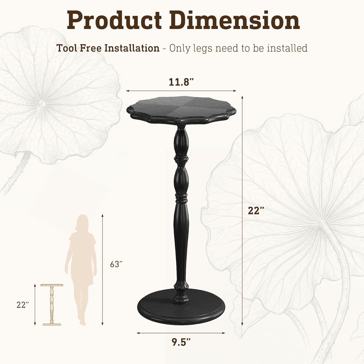 STO'SENSE Black Round Side Table, Drink Table for Small Spaces,Modern Accent Nightstand w/Solid Wood Leg, Mid-Century Pedestal Sofa Table w/Classic Sculpted Design for Living Room,Tool-Free Assembly