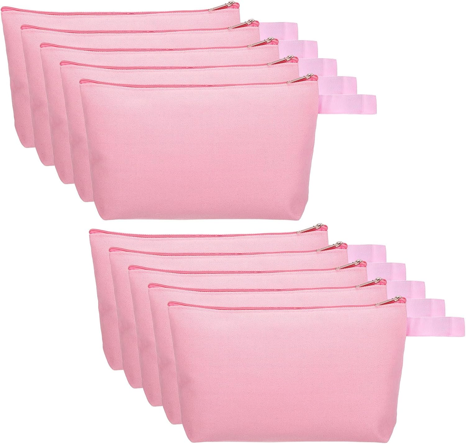 PATIKIL 12.2 x 7.5 Canvas Makeup Bags with Strap, 10 Pack Pencil Multipurpose Cosmetic Zipper Bag Case Travel Toiletry Storage Pouch Organizer for Home Office, Pink