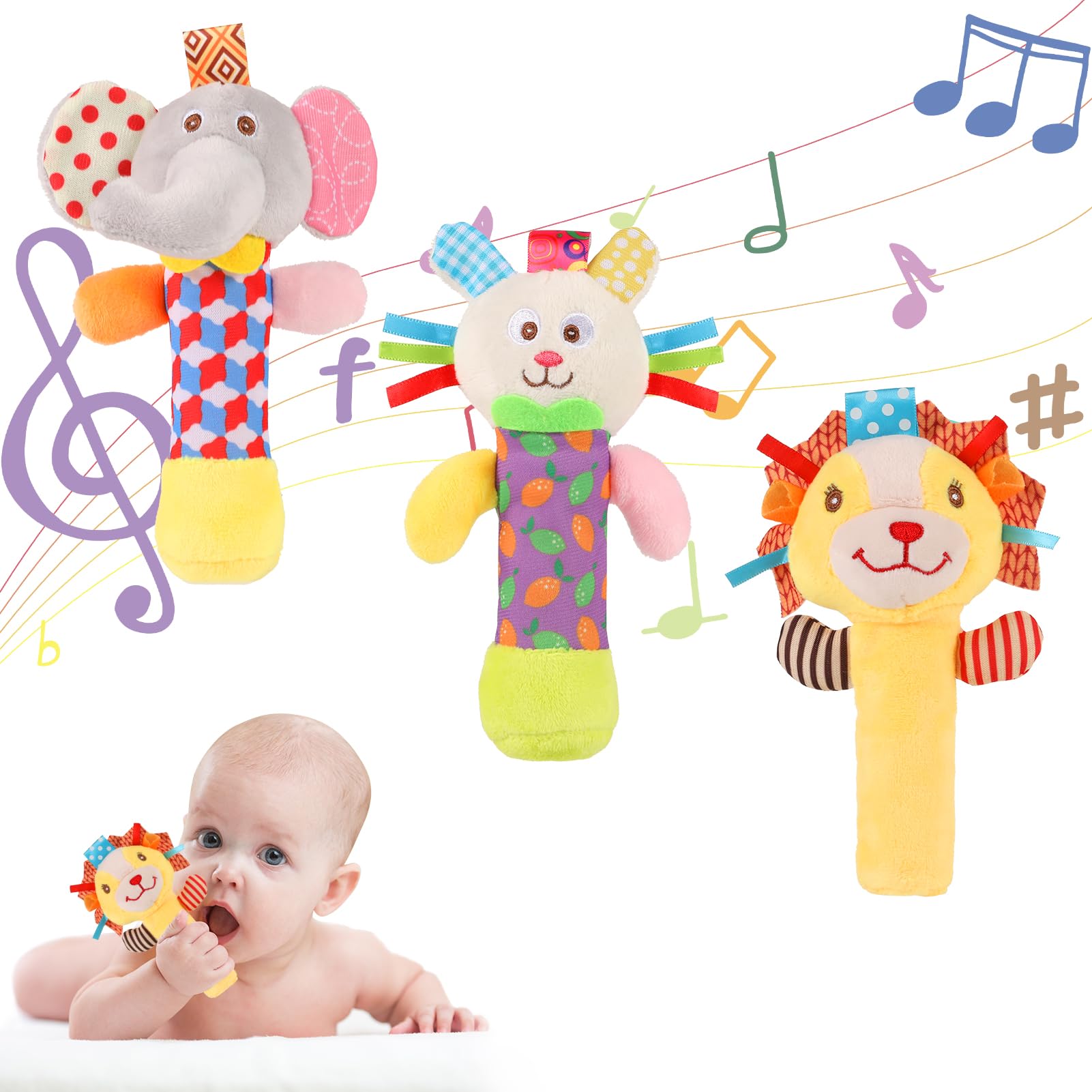 3PCS Baby Soft Rattles, Baby Rattles Plush Rings, Plush Animal Rattle Toys for Babies 0-6 Months, First Baby Sensory Toy with Sound for 0 3 6 Month Infant Gift (Elephant, Lion, Rabbit)