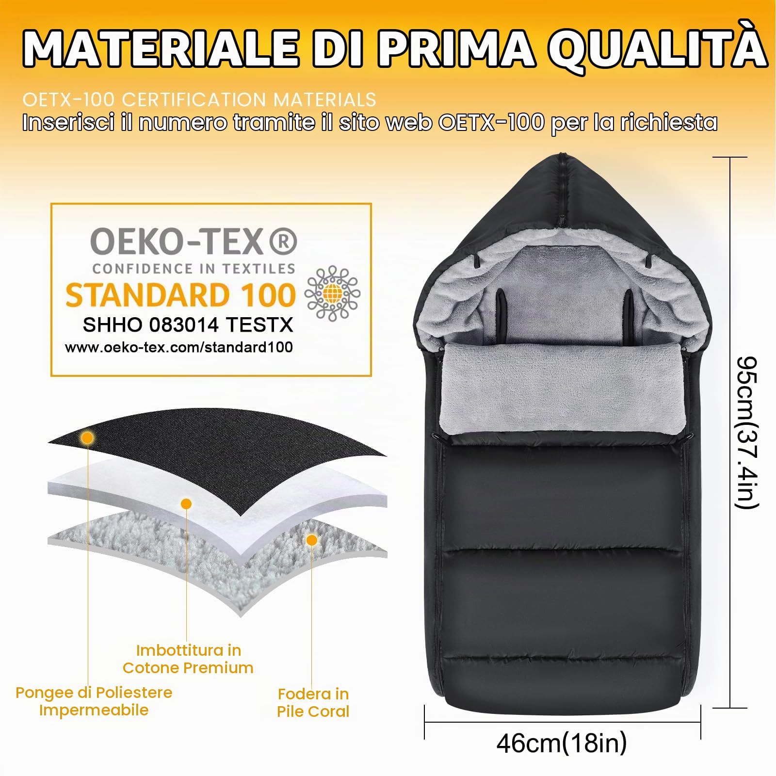 Coprigambe Passeggino Universale, Imperméable Sacco Termico Passegginopour avec Fermeture Éclair Réglable, Inverno Sacco Passeggino Invernale, Amovible, Tissu Cationique Chaud, Nero Elegante