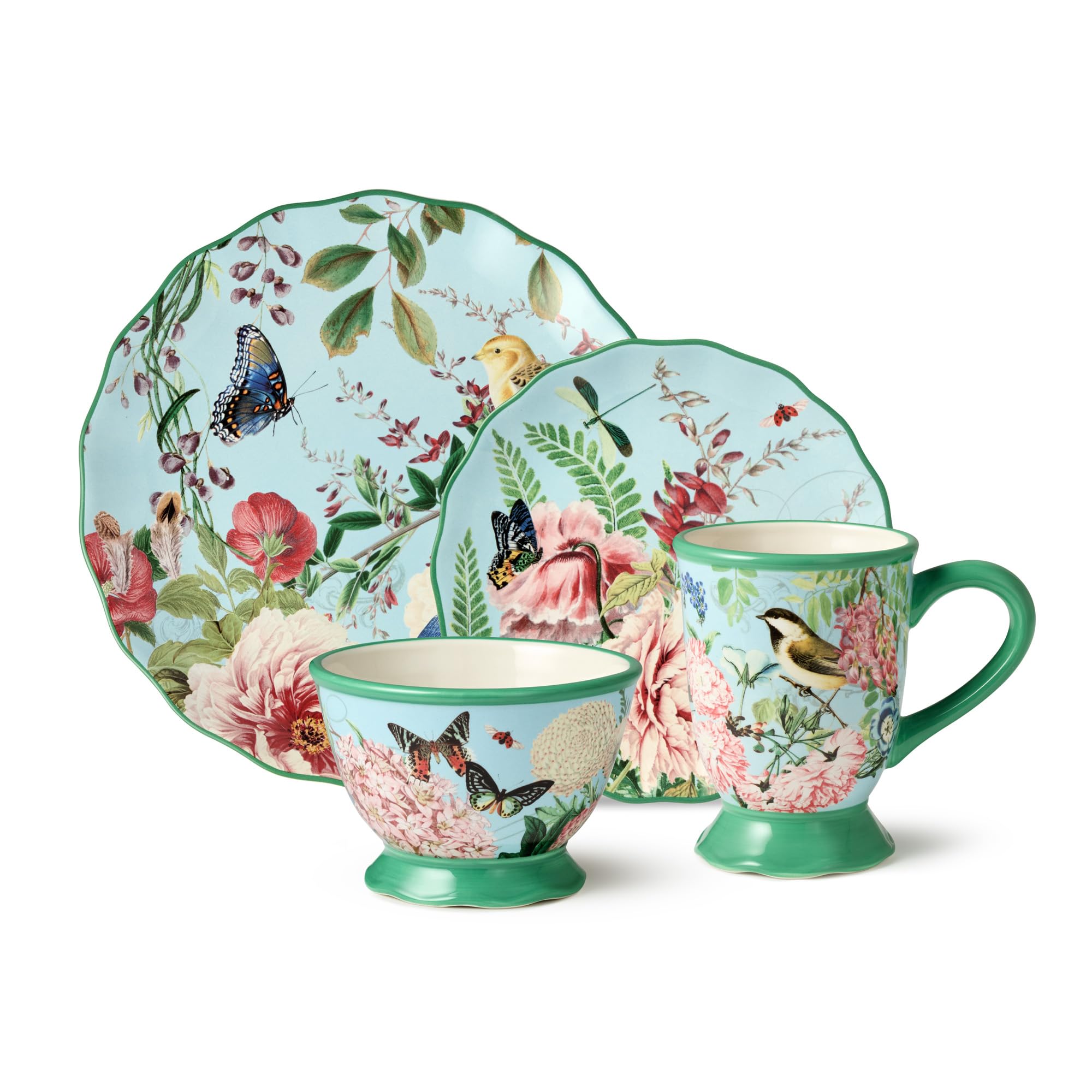 Certified International Flora - Juego de vajilla de 16 piezas, servicio para 4, incluye cena, platos de postre, tazas y cuencos de helado de pedestal con vibrantes diseños florales inspirados en la