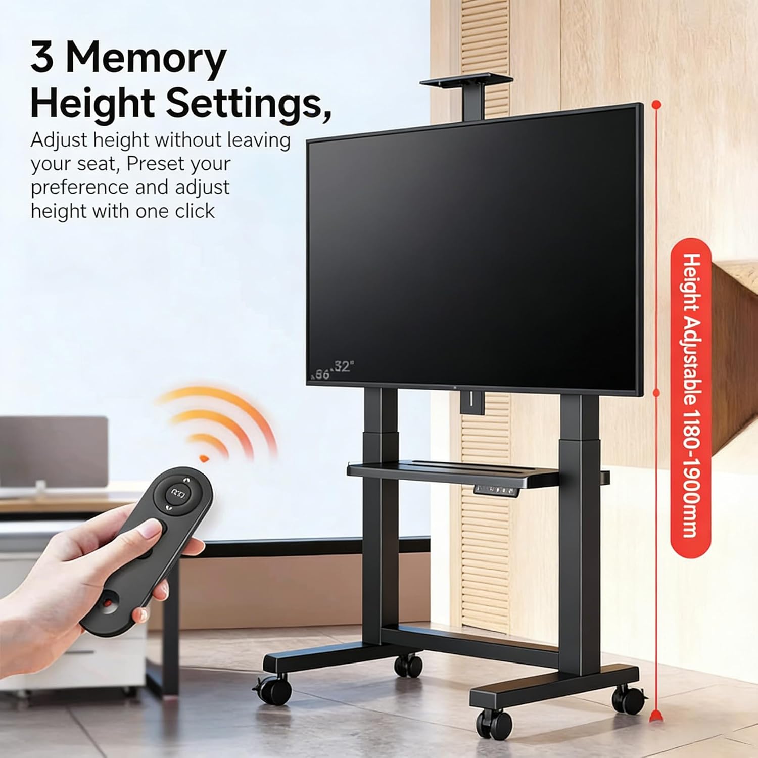Motorized Mobile TV Stand with Wheels for 32-86IN TVs up to 250 Lbs, Height Adjustable Electric Rolling TV Cart with Remote Control Memory Function, Portable TV Mount Stand max VESA 800x600mm (Black)