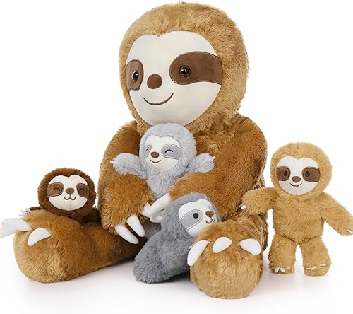 Muiteiur Juego de 5 piezas de animales de peluche de perezoso grande de 22 pulgadas con 4 juguetes de perezoso para bebés, juego de peluche suave de