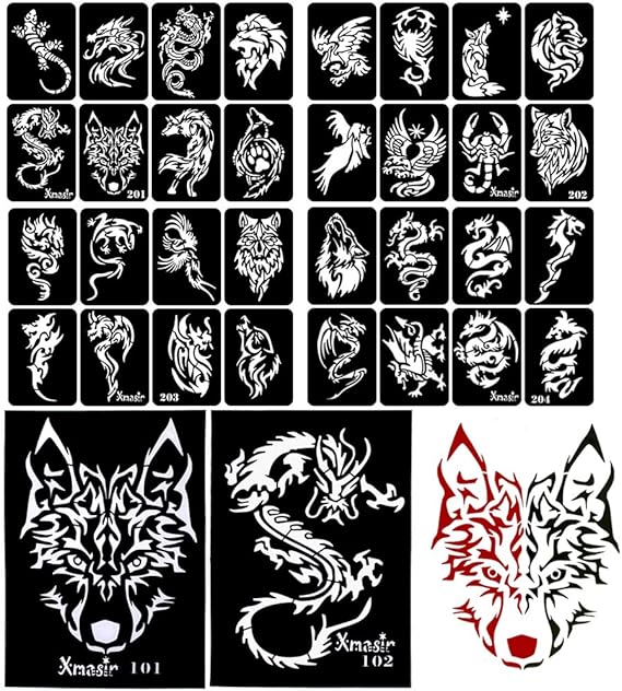 Amazon エクスマサー Xmasir メンズ タトゥーシール 龍ドラゴン肩 胸用 タトゥー 用一時的な刺青のステンシルセット 接着剤付き入れ墨シール 34枚セット タトゥーシール 通販