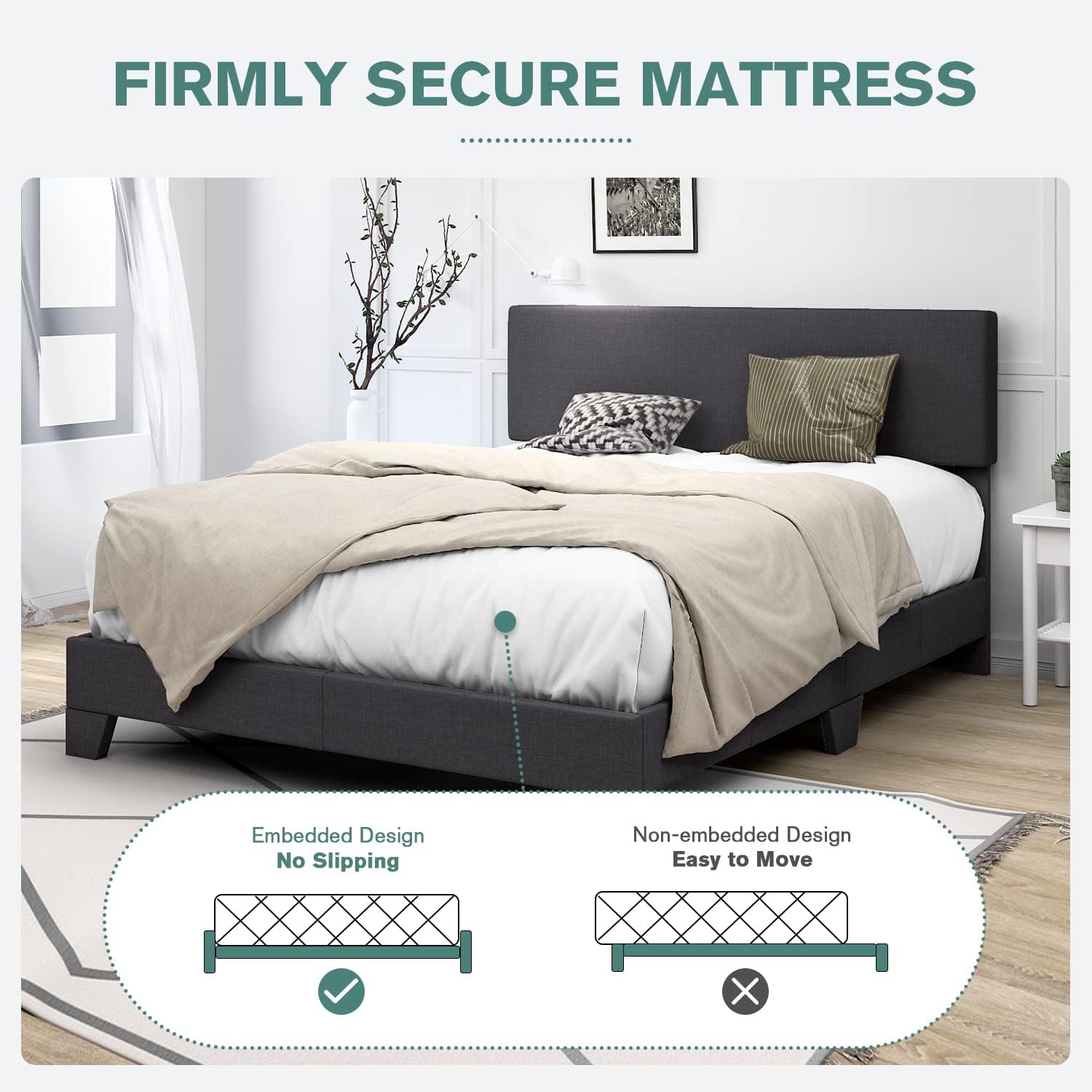 IMUsee King Size Bed Frame with Adjustable Headboard, Linen Upholstered Bed with Sturdy Wood Slats, Mattress Foundation with Wooden Slats, Easy Assembly, Box Spring Optional, Dark Grey
