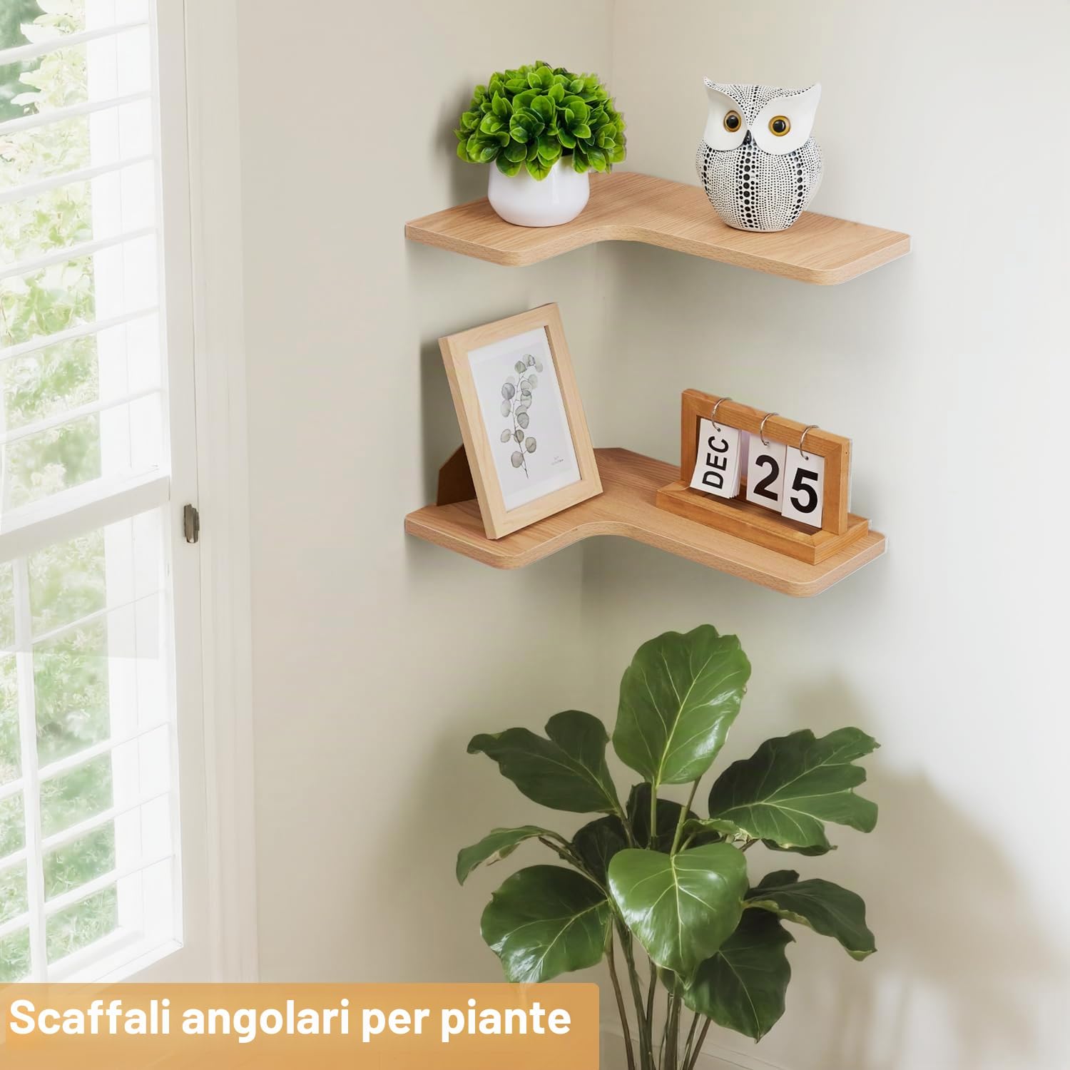 Gieanoo Mensola angolare da appendere, set da 2 scaffali da 40 cm, a forma di L, in legno, per cucina, bagno, soggiorno, camera da letto (naturale)