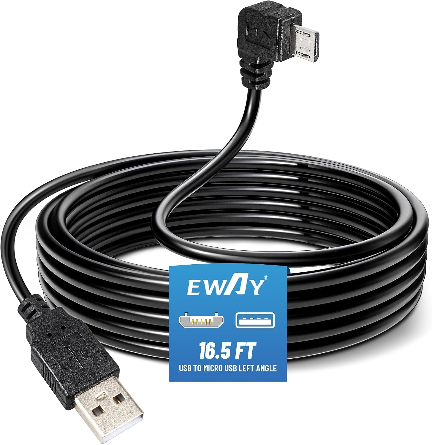 EWAY Dash Cam Mircro USB Power Cord 16.5ft, USB 2.0 A to Micro-B Left Angle 90 Degree Replacement Power Supply Cable Car Charger Adapter USB Connector for Dashcam Dash Board Recorder Recording Camera