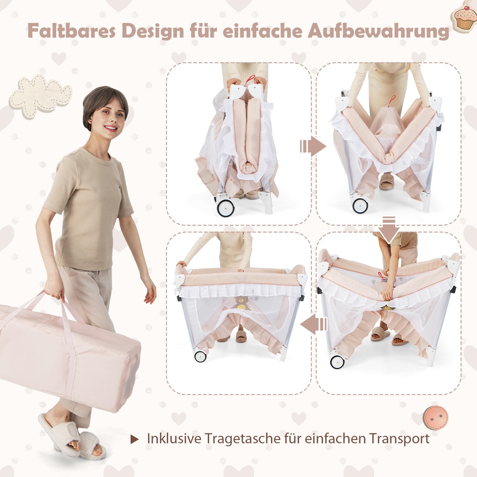 DREAMADE 5 in 1 Reisebett Baby mit Matratze & Baldachin, Babybett Faltbar mit Rollen, Wickeltisch & Laufstall, Beistellbett Baby mit Musikbox & Hängespielzeug, für Neugeborene 0-36 Monate (Rosa)