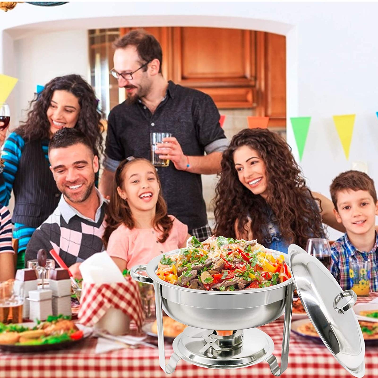 Chafing Dish Rotondo in Acciaio Inox, con Coperchio, scaldavivande, Buffet, per Feste, ristoranti, Forniture per Catering