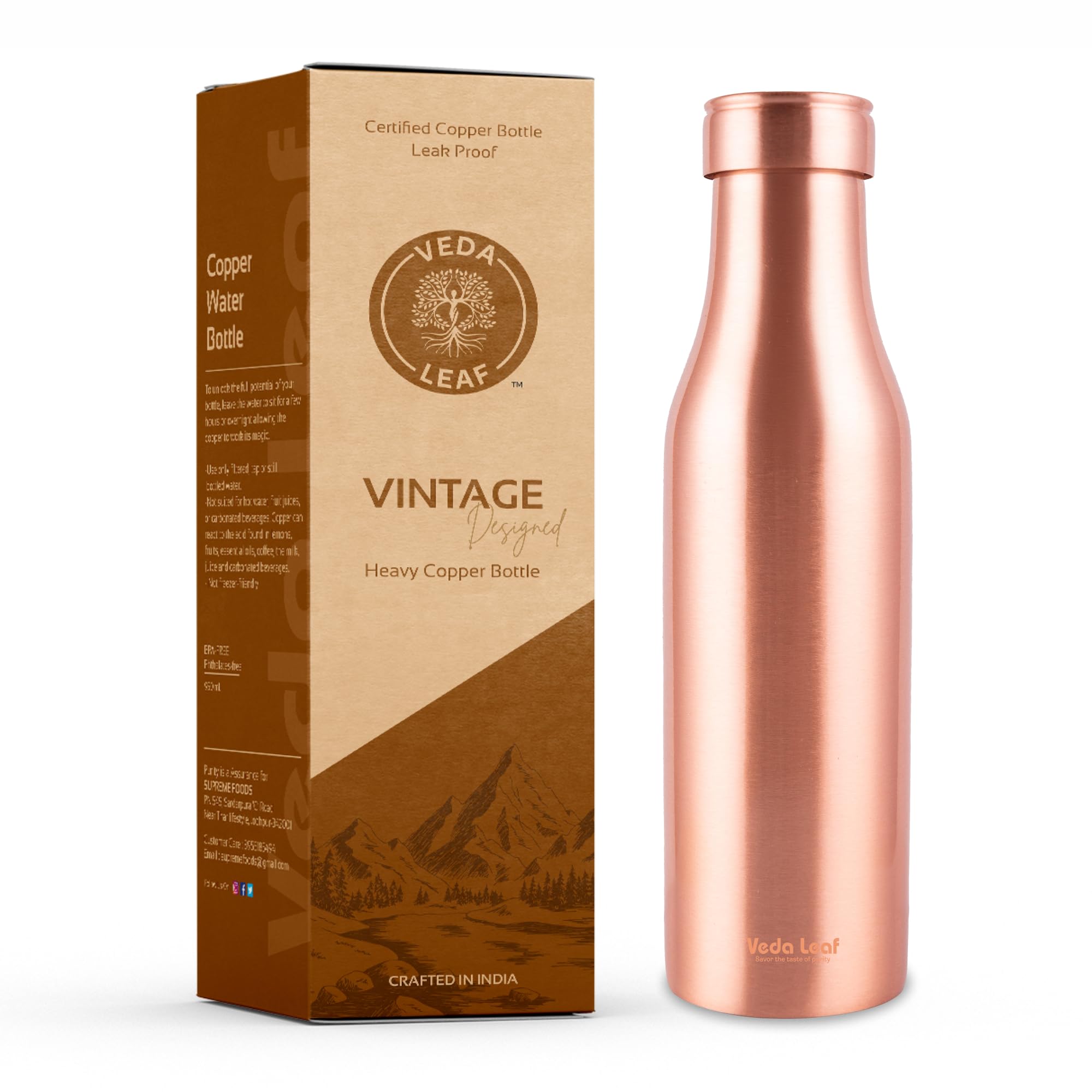 Copper Water Bottle, 950 ML (32.5 Oz), Vintage Smooth Finish,Handcrafted Ayurvedic Copper Water Bottle, Certified Pure Copper Water Bottle Vessel, Large (4-8 cups)