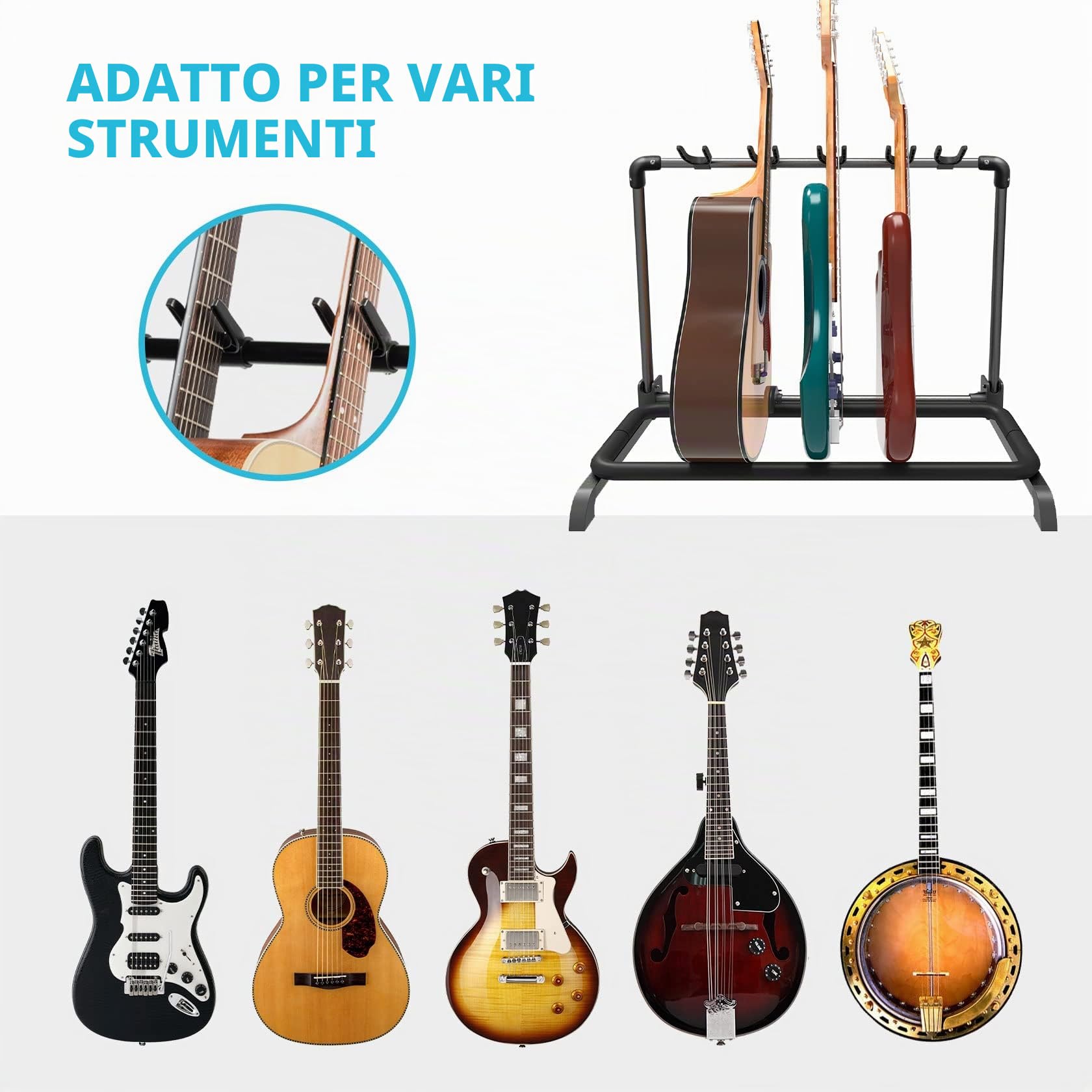 Guitto GGS-07 - Supporto universale pieghevole per chitarra portatile per palco, basso e chitarra acustica, 5 supporti