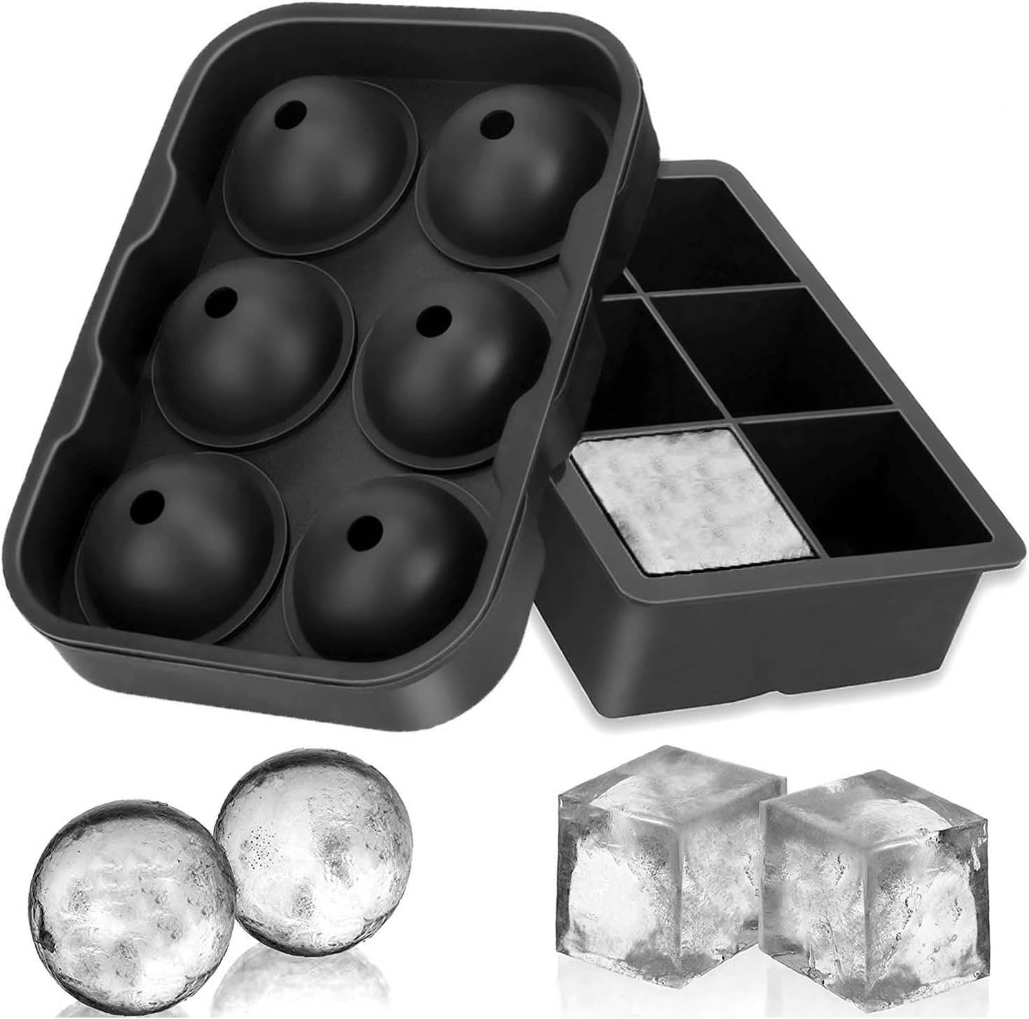 Ice Cube Trays Silicone Set of 2, Sphere Ice Ball Maker with Lid and Large Square Ice Cube Molds for Whiskey, Reusable and BPA