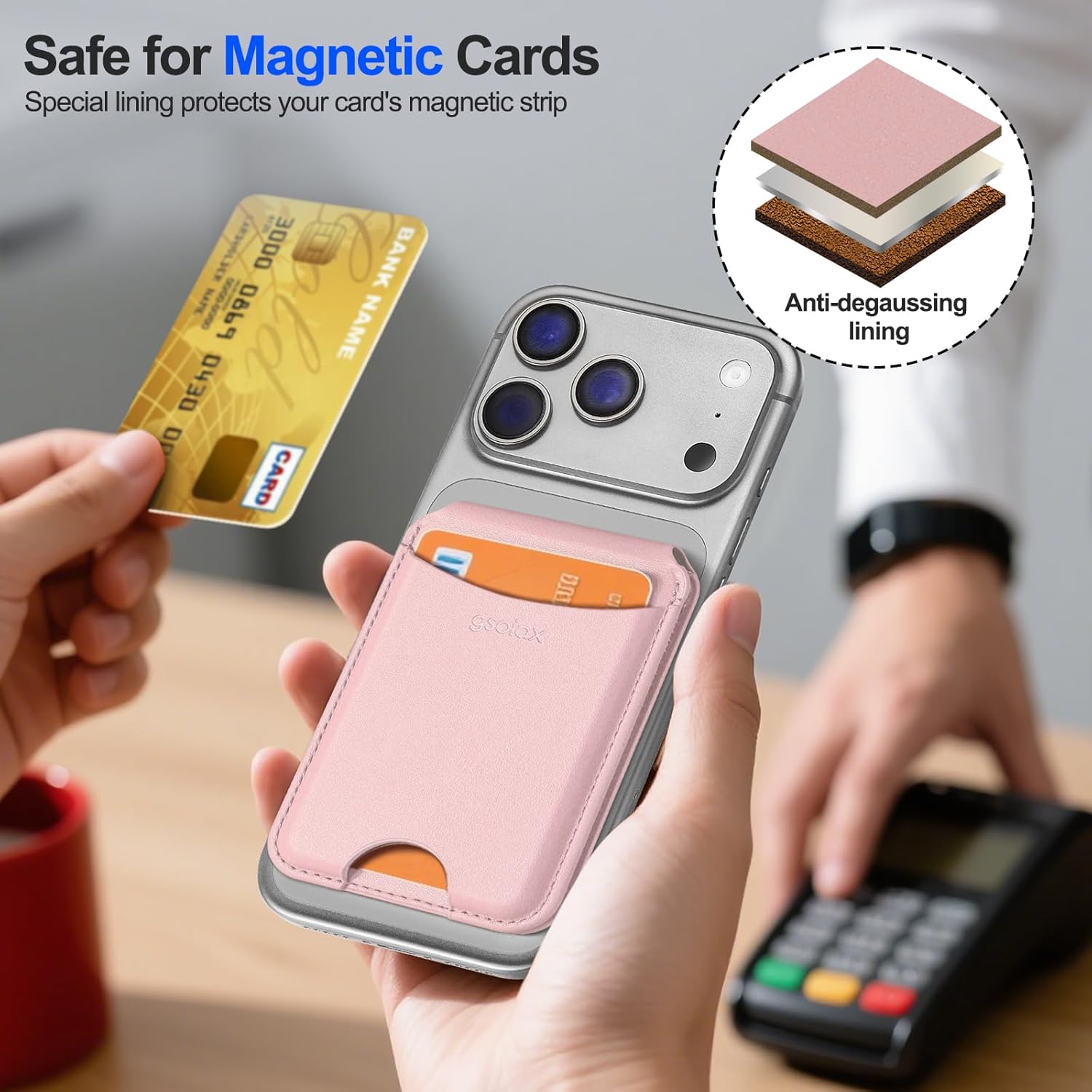 GSOIAX for MagSafe Wallet, Magnetic Wallet for Phone with Adjustable Stand Leather Magnetic Card Holder for iPhone 17/16/15/14/13/12 Series, Not for iPhone 13/12 Mini, RFID Blocking (Light Pink) - Image 5