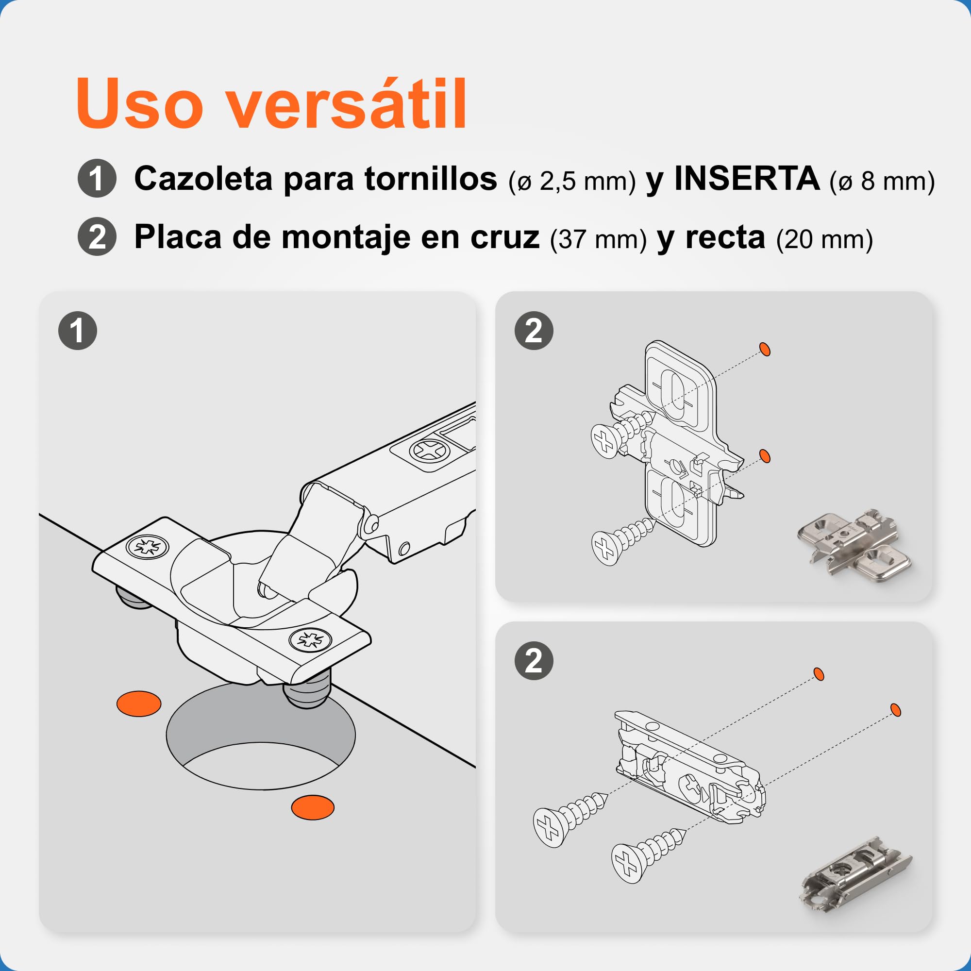 Blum Bisagras para armarios y muebles, guía de perforación, escala de 2 mm a 8 mm, con placas de montaje para atornillar, para bisagras
