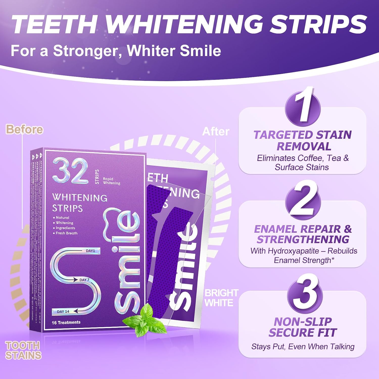 Purple Teeth Whitening Strips - 32 Teeth Whitener Strips (16 Uses) | Purple Color-Correcting Gel Technology | Teeth Whitening Kit for Sensitive Teeth | Enamel Safe, Peroxide-Free for a Brighter Smile image 2