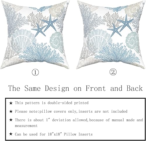 Miniatura 6 de Juego de 2 fundas de almohada cuadradas de algodón suave con temática náutica costera de 12 x 12 pulgadas con diseño de conchas y estrellas de mar y