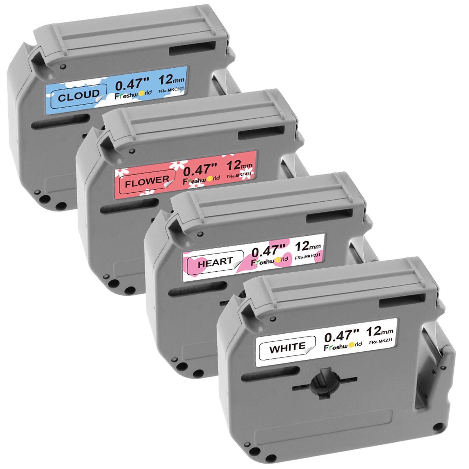 Freshworld Compatible Tape Replacement for P-touch Brother M Tape M-K231 H231 F431 C531White/Heart/White Flower/Cottony Cloudfor Brother Label Maker PT-M95PT-90PT-80PT-65PT-851/2Inch x 26Ft 4P