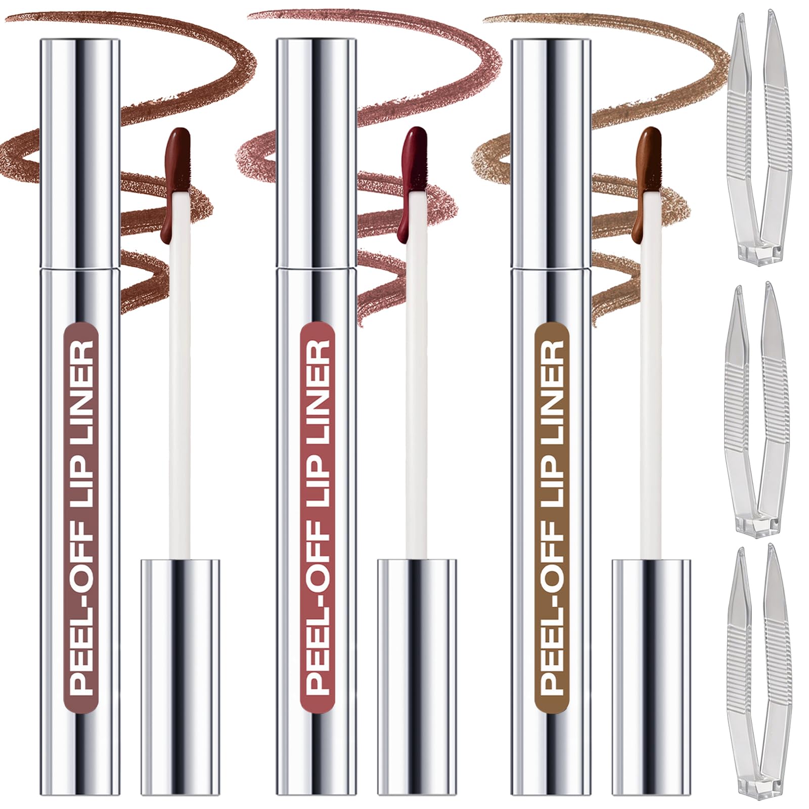 3 Colors Peel Off Lip Liner Stain with Tweezer Kit, Long Lasting Waterproof Lip Tint Stains Makeup Set with Matte Finish for Women, Natural Look, Easy to Use, for All Skin Types (#2,3,4)