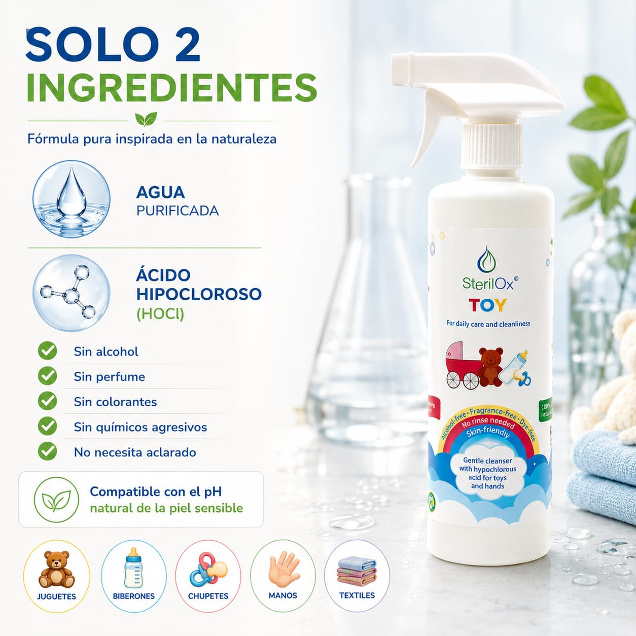Toy 500 ml — spray detergente naturale con acido ipocloroso (HOCl) per giocattoli, accessori e pelle dei bambini. Senza alcol né profumo, per uso quotidiano, senza risciacquo.