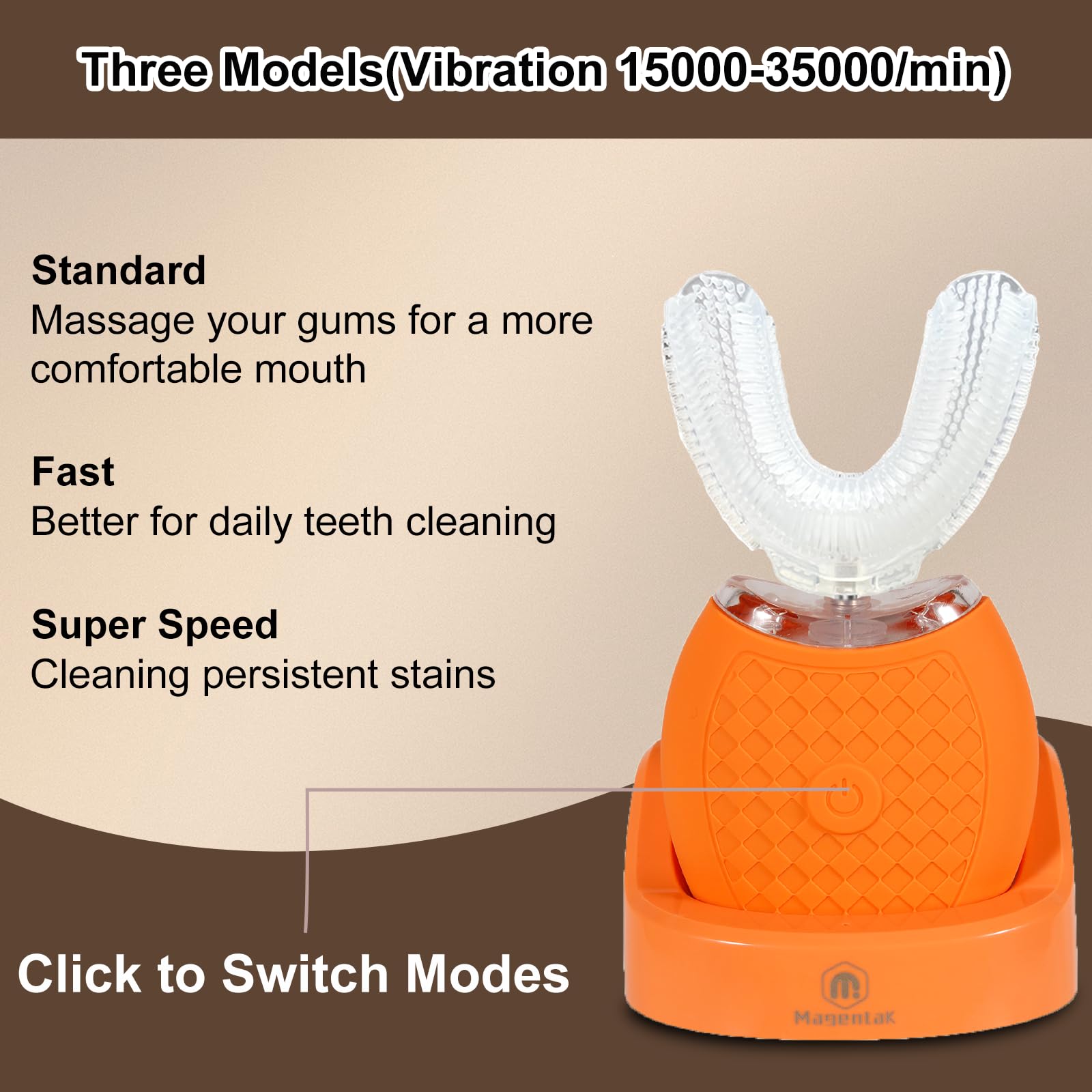 Spazzolino da denti elettrico ad ultrasuoni a forma di U per adulti, per sbiancamento dei denti, automatico a 360 gradi con impermeabilità IPX7, 4 modalità di pulizia (arancione)
