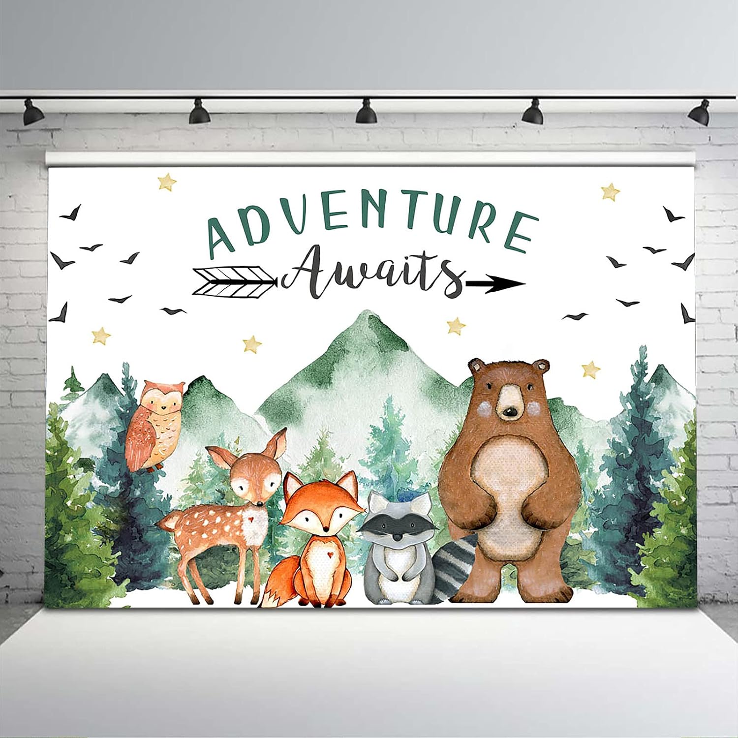Avezano Adventure Awaits Backdrop Adventure Baby Shower Birthday Background Woodland Animals Pine Tree Baby Shower Backdrops Photo Studio Props (10x8)