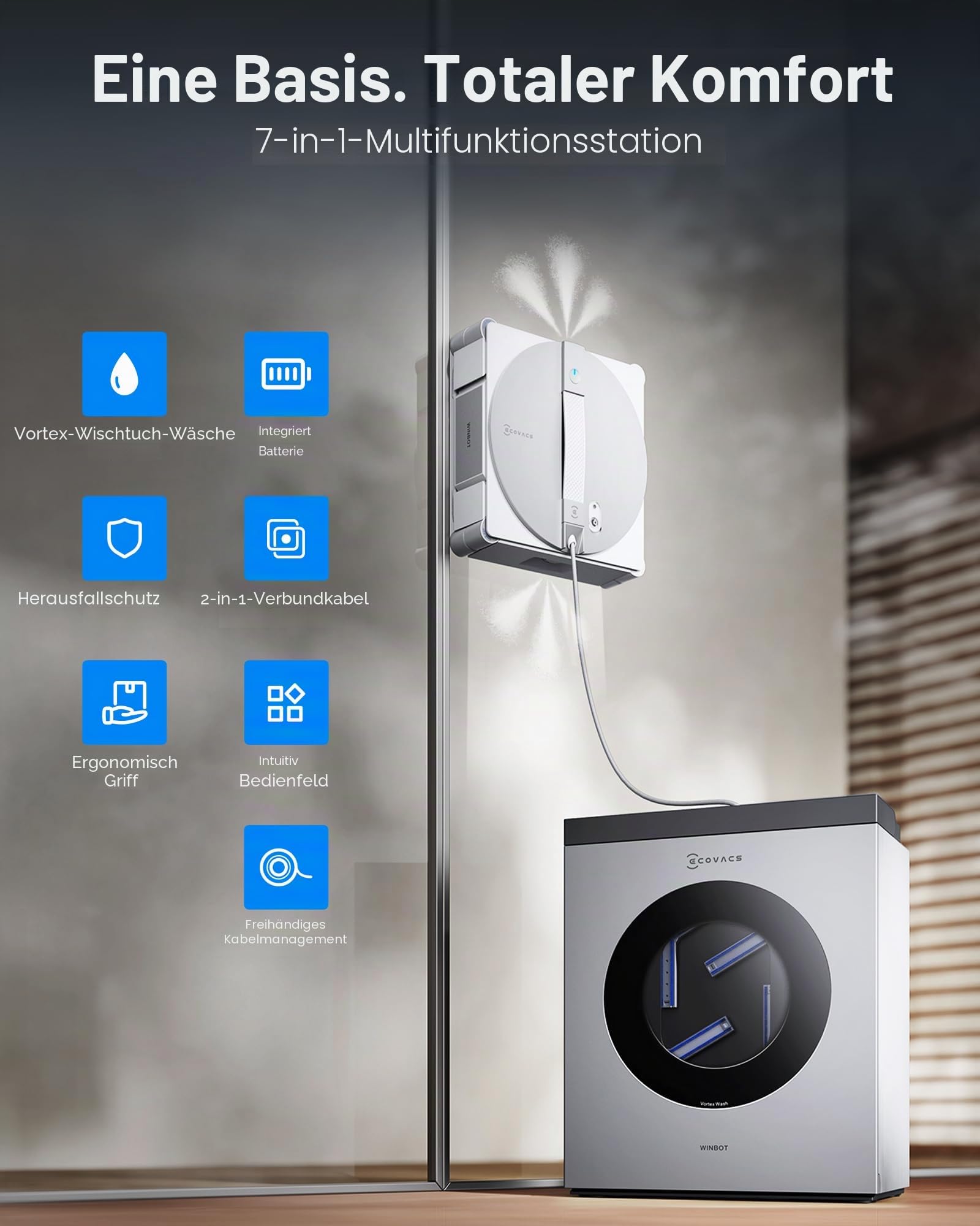 ECOVACS WINBOT W3 Omni Roboter Fensterreiniger mit Auto Pad Waschen & Multifunktionsstation, 8000Pa Saugkraft, Intelligente Reinigung mit Dreifachdüsen-Wassersprüher, 12-stufiger Schutz