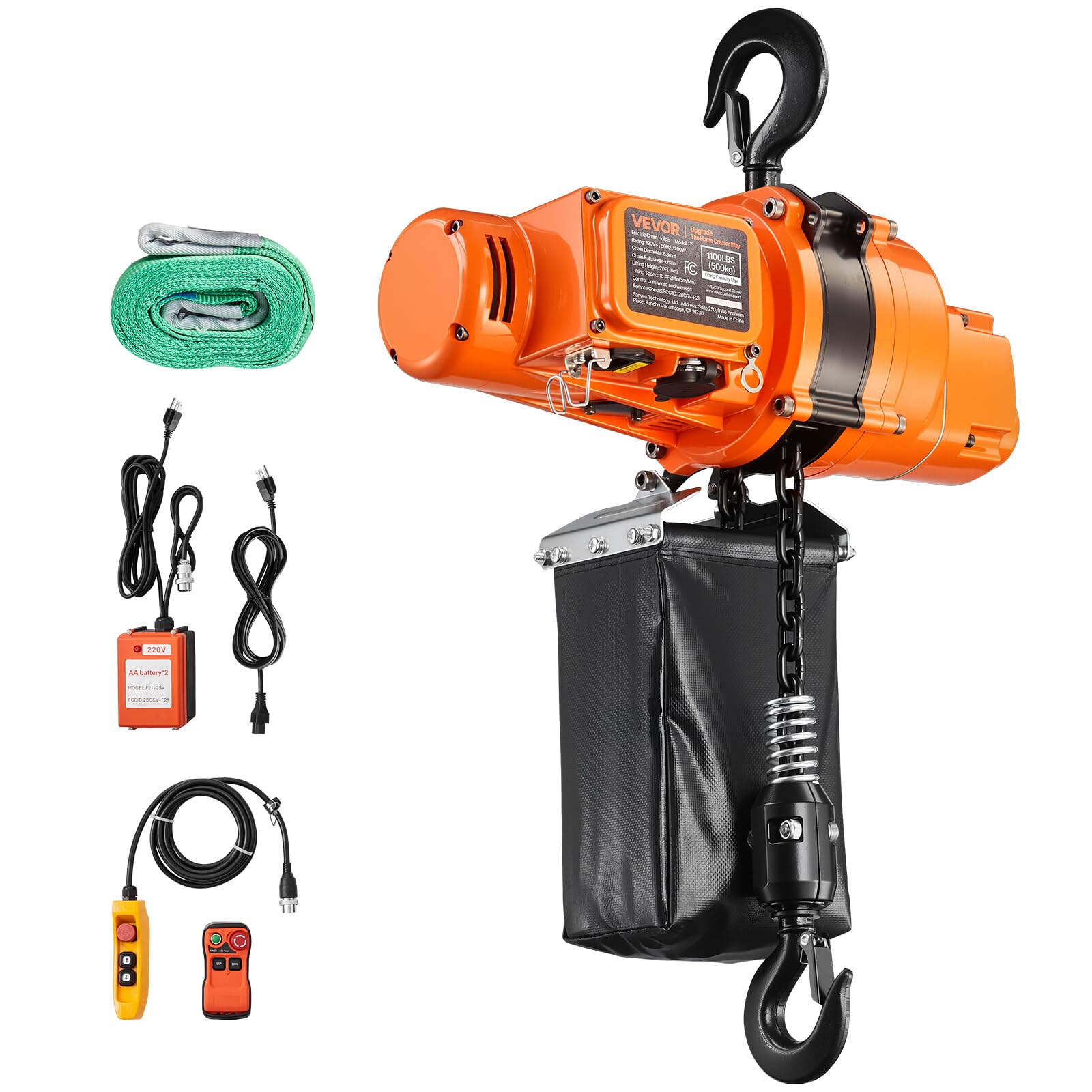 VEVOR Polipasto Eléctrico de Cadena Carga 500 kg 230 V Cadena G100, Altura de Elevación de 6 m, Velocidad 5 m/min Control Remoto por Cable e Inalámbrico hasta 100 m para Reparación Taller Motor Garaje