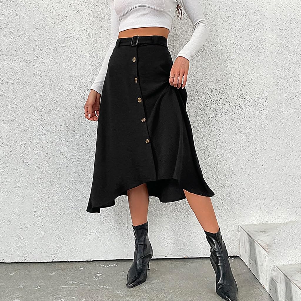 Las Mujeres de Cintura Alta Una Línea de Botones Delanteros Flowy Flare Midi Falda Vintage Solid Dobladillo Irregular Casual Faldas de Trabajo